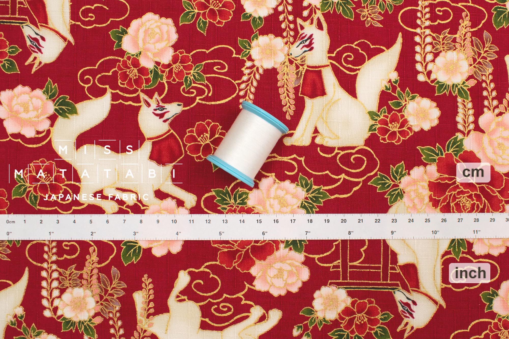 Japanese Fabric Fushimi Inari Fox - red, metallic gold - 50cm