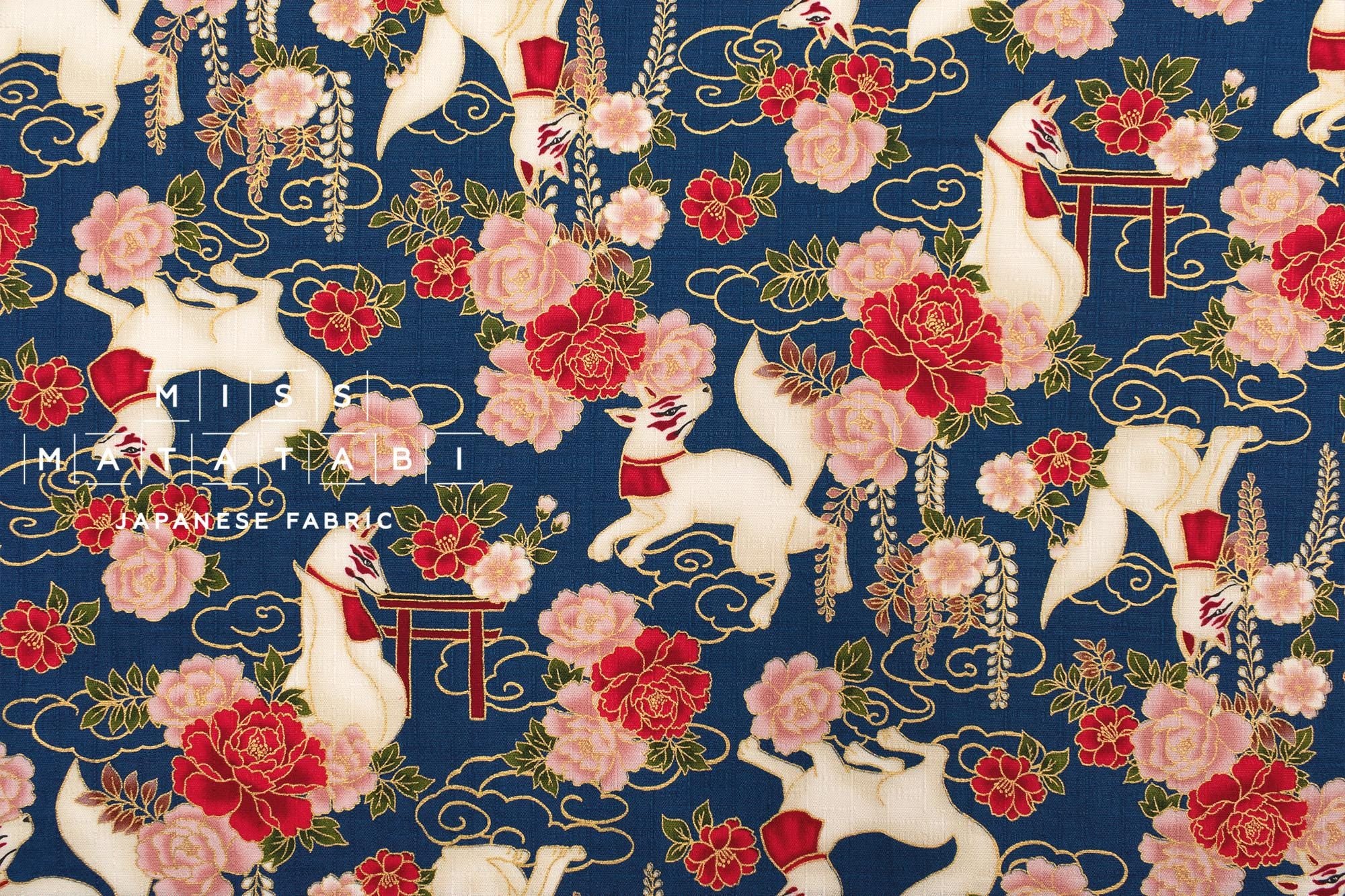 Japanese Fabric Fushimi Inari Fox - blue, metallic gold - 50cm