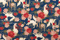 Japanese Fabric Fushimi Inari Fox - blue, metallic gold - 50cm