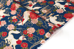 Japanese Fabric Fushimi Inari Fox - blue, metallic gold - 50cm