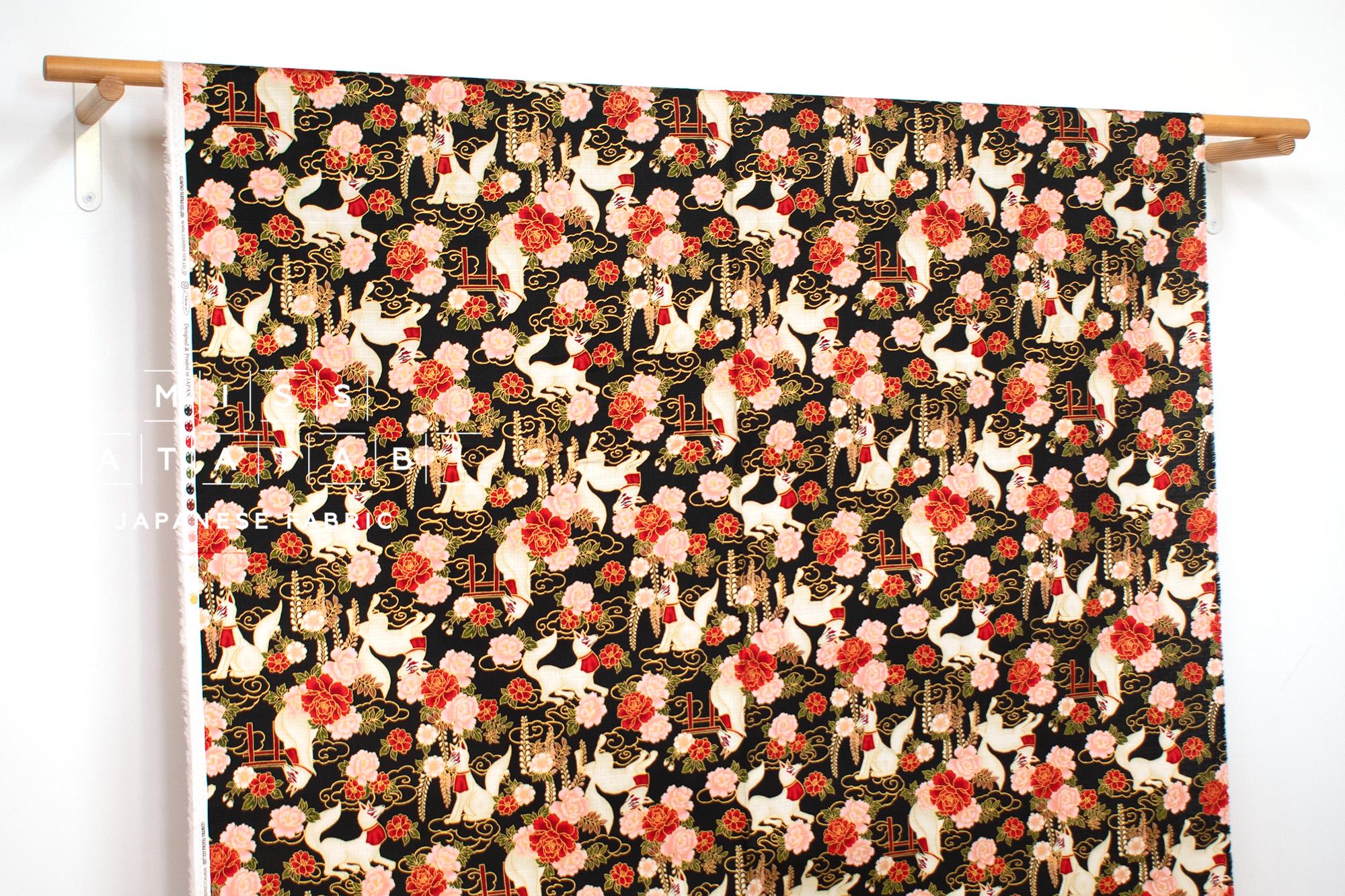 Japanese Fabric Fushimi Inari Fox - black, metallic gold - 50cm