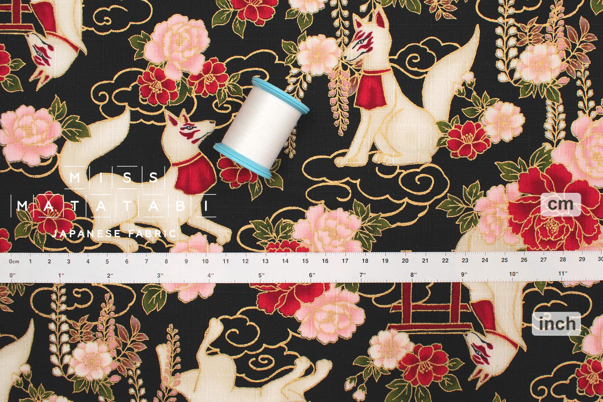 Japanese Fabric Fushimi Inari Fox - black, metallic gold - 50cm
