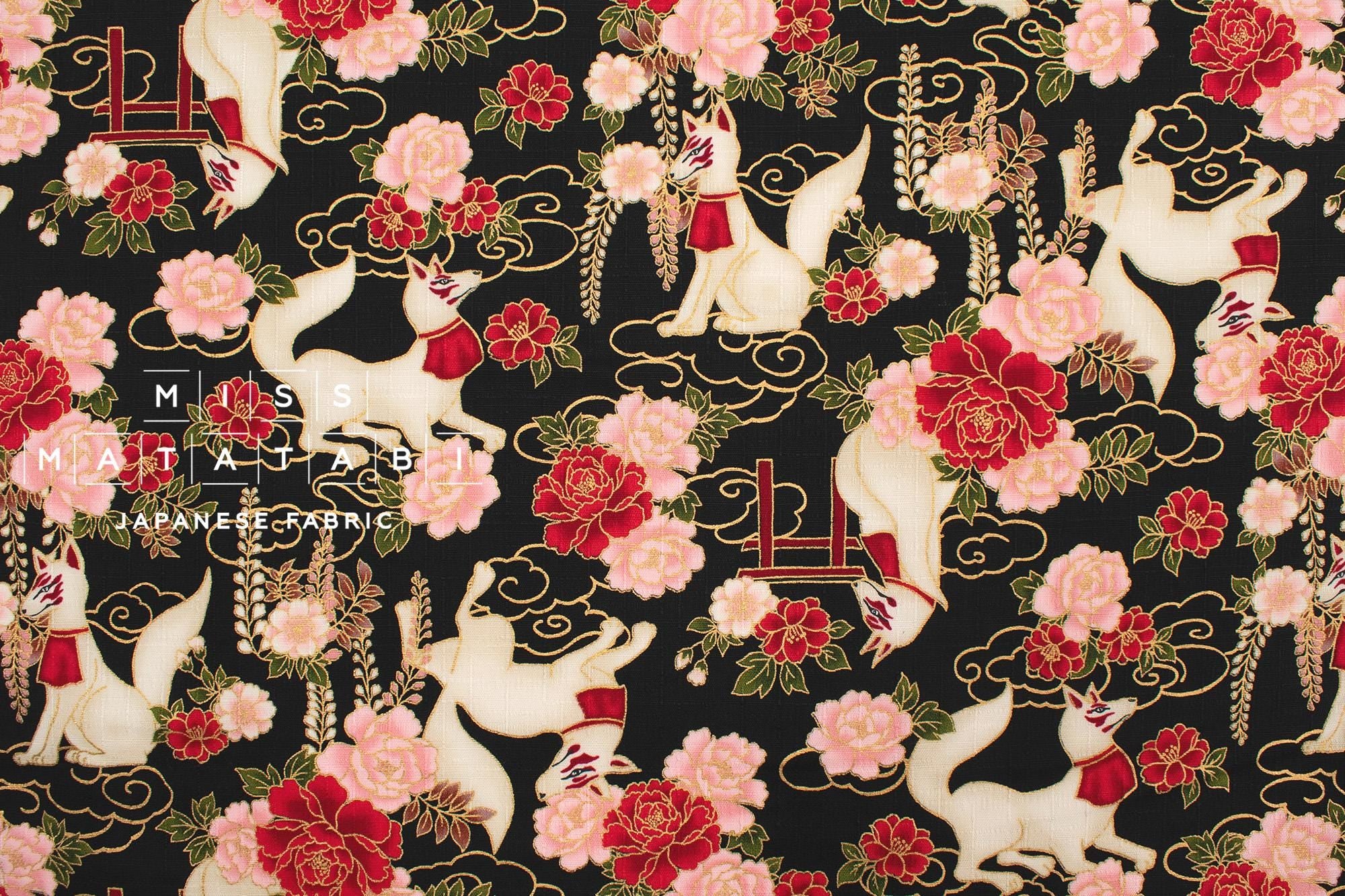 Japanese Fabric Fushimi Inari Fox - black, metallic gold - 50cm