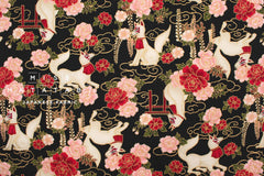 Japanese Fabric Fushimi Inari Fox - black, metallic gold - 50cm