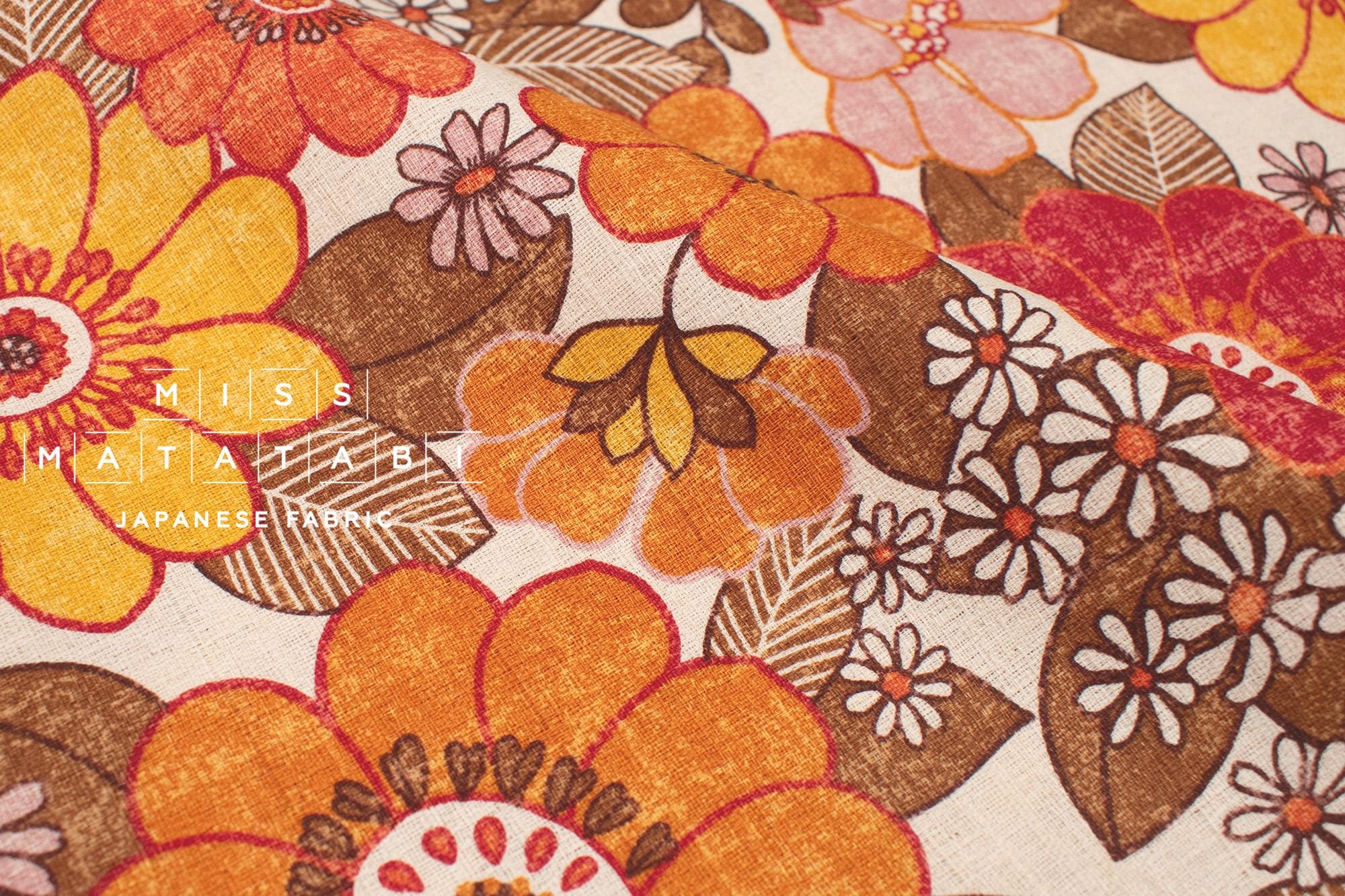 Japanese Fabric Sopo Retro Vintage Flowers - orange, red - 50cm
