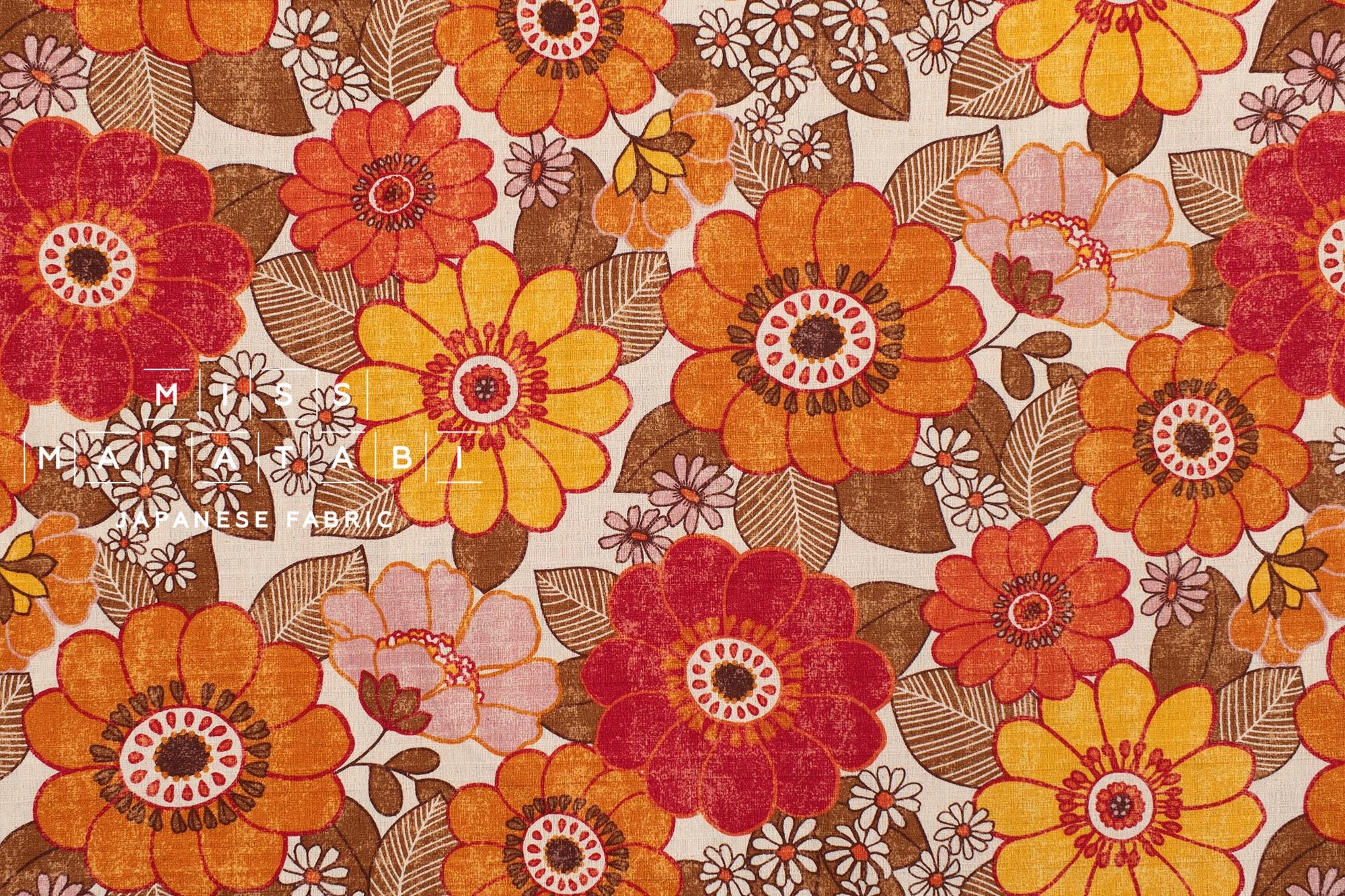 Japanese Fabric Sopo Retro Vintage Flowers - orange, red - 50cm