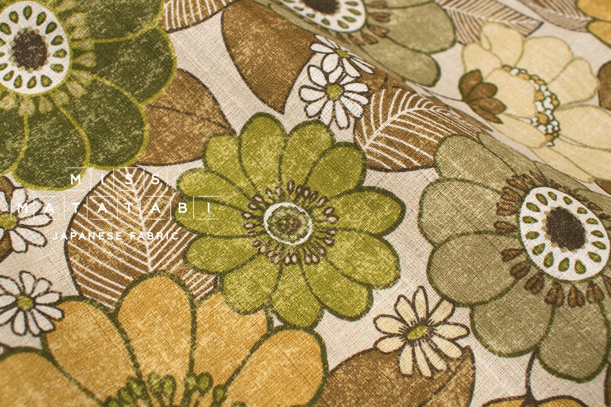 Japanese Fabric Sopo Retro Vintage Flowers - olive green - 50cm