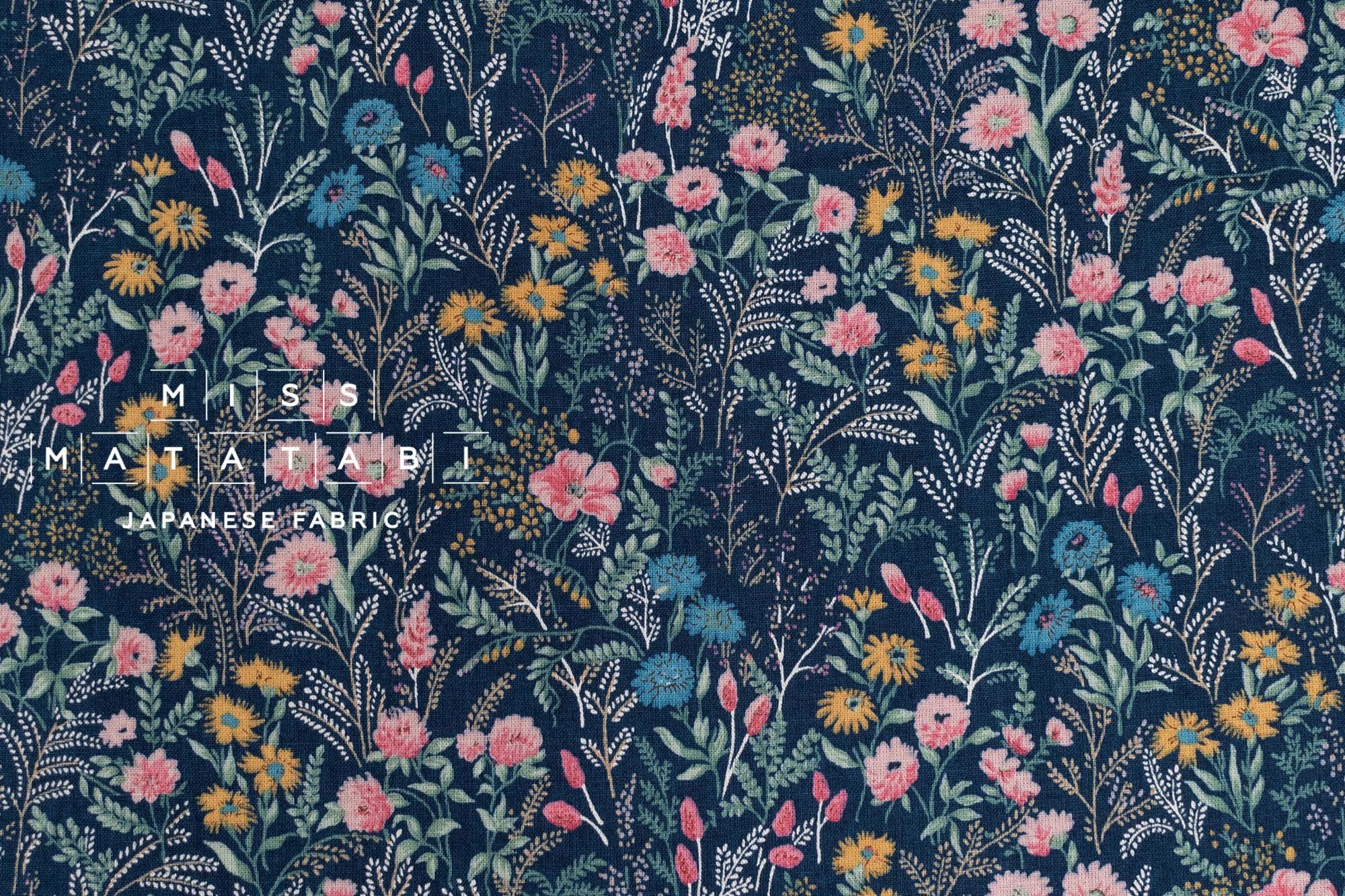 Japanese Fabric Wildflower Linen Blend - B blue - 50cm