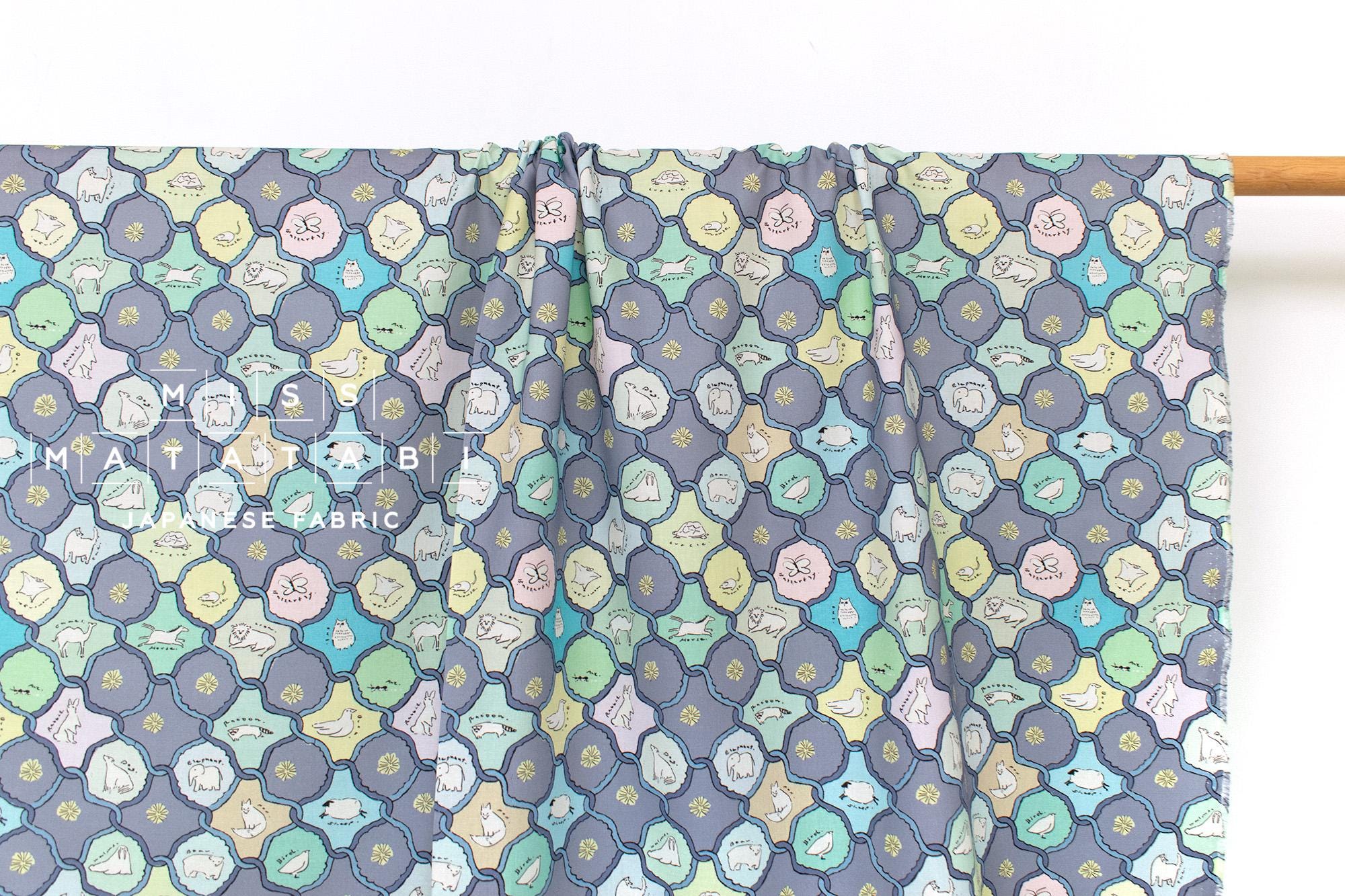 Japanese Fabric We Love Animals - blue, green - 50cm