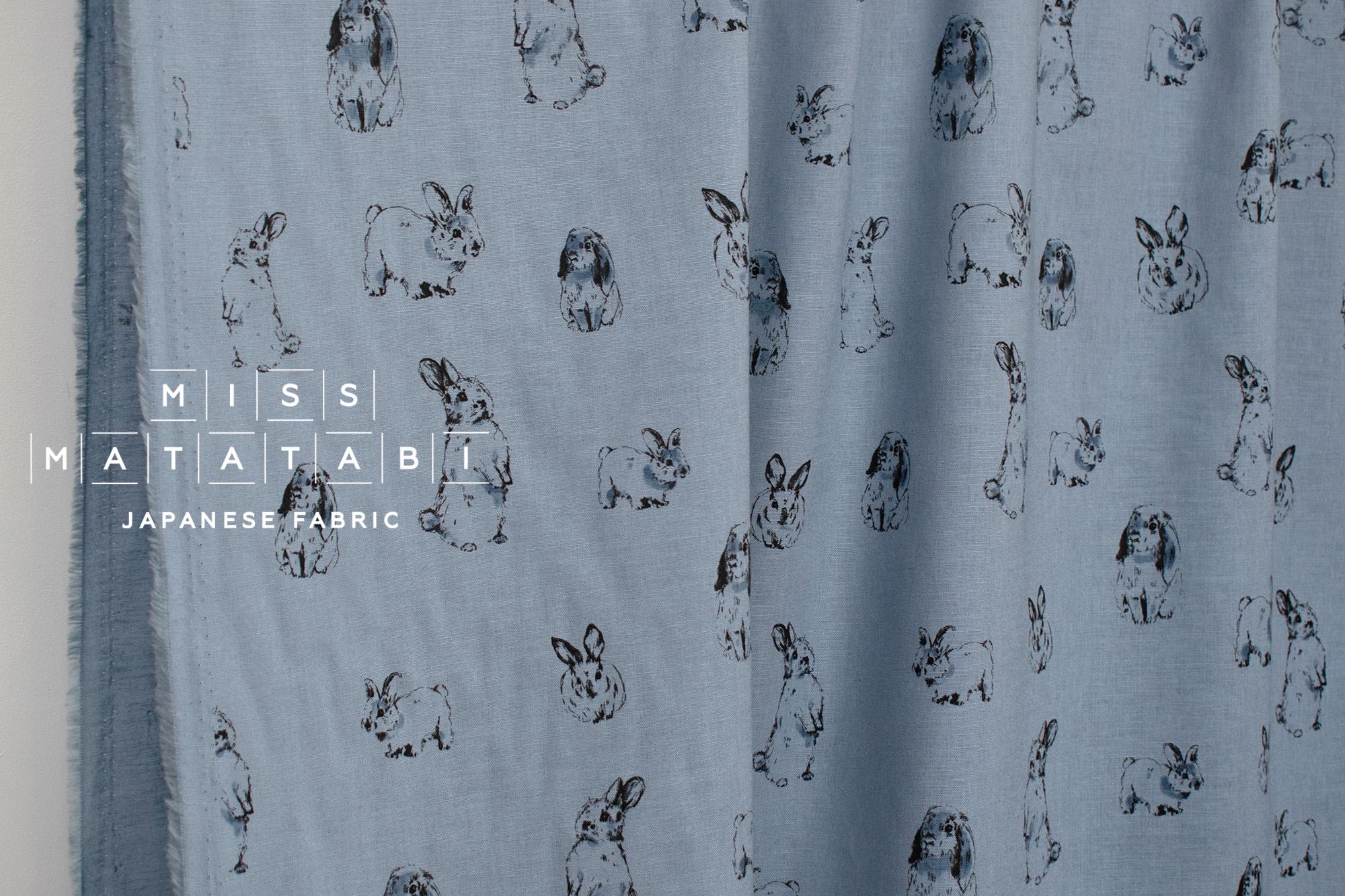 DEADSTOCK Japanese Fabric Pretty Bunnies Linen Blend - blue - 50cm