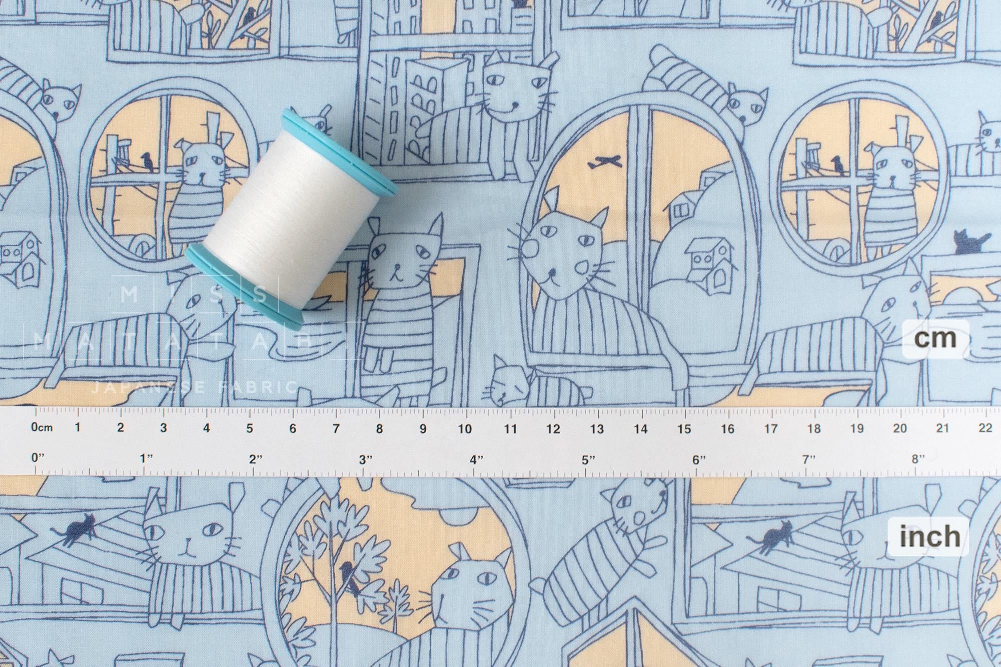 DEADSTOCK Japanese Fabric Sad Cats in the Window - blue - 50cm