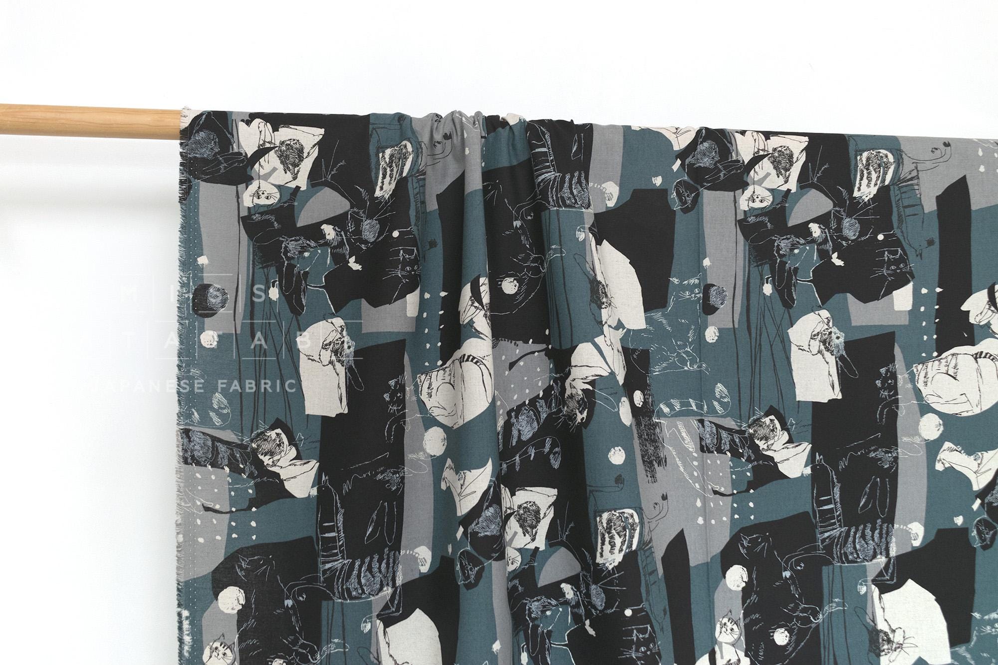 Japanese Fabric Cat Collage Linen Blend - A - 50cm