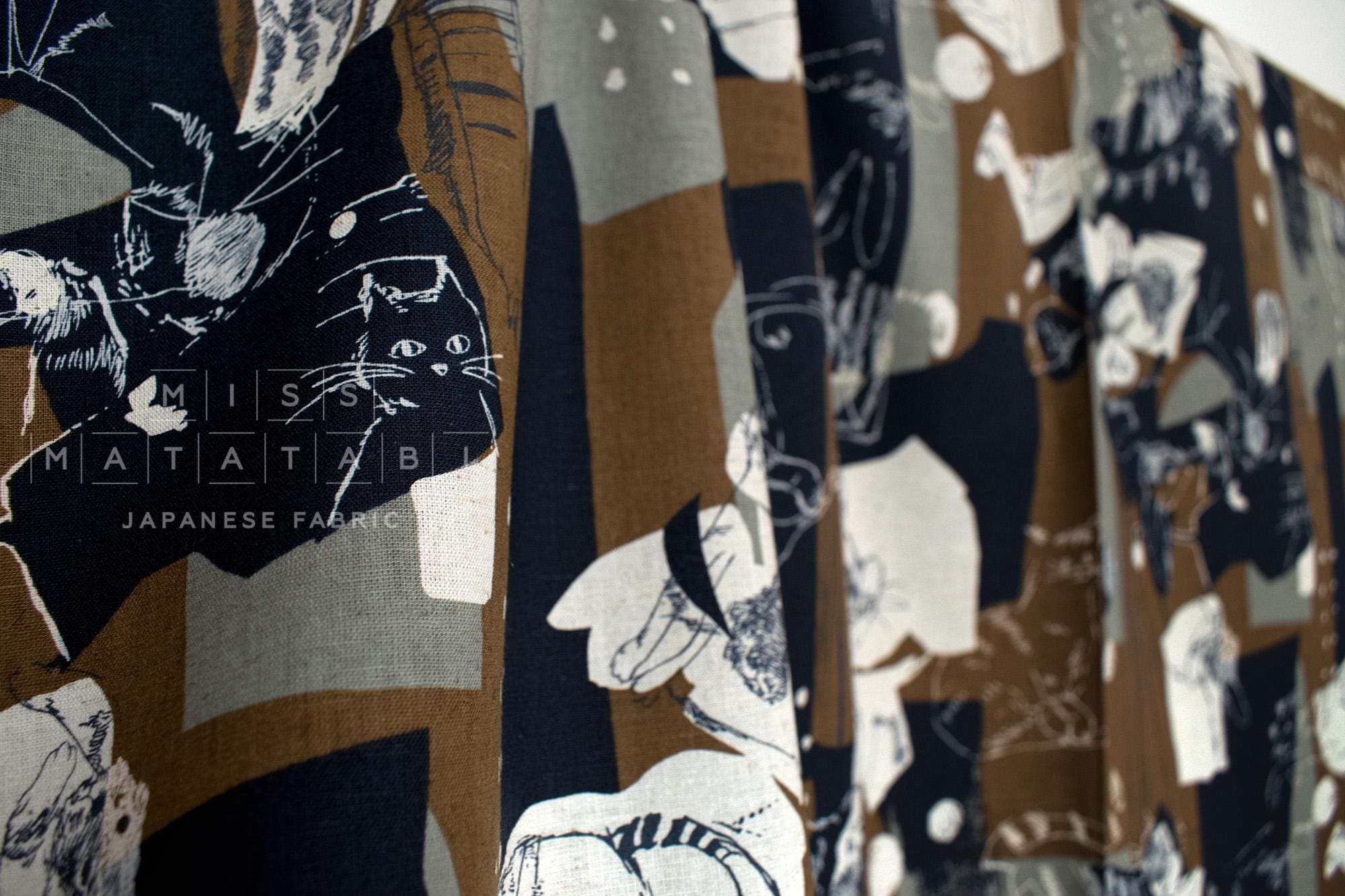 Japanese Fabric Cat Collage Linen Blend - B - 50cm