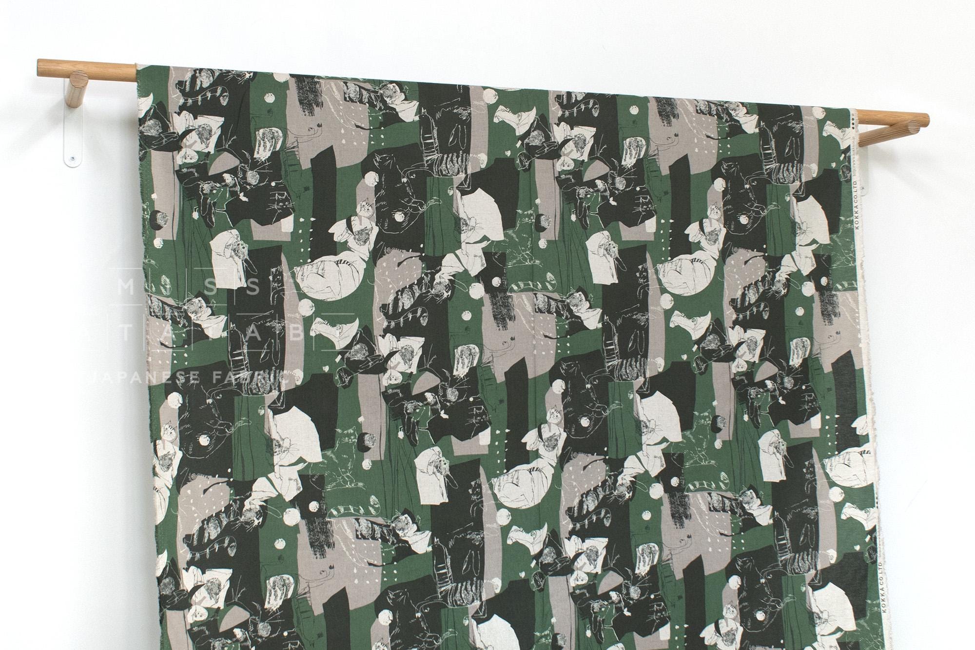 Japanese Fabric Cat Collage Linen Blend - C - 50cm