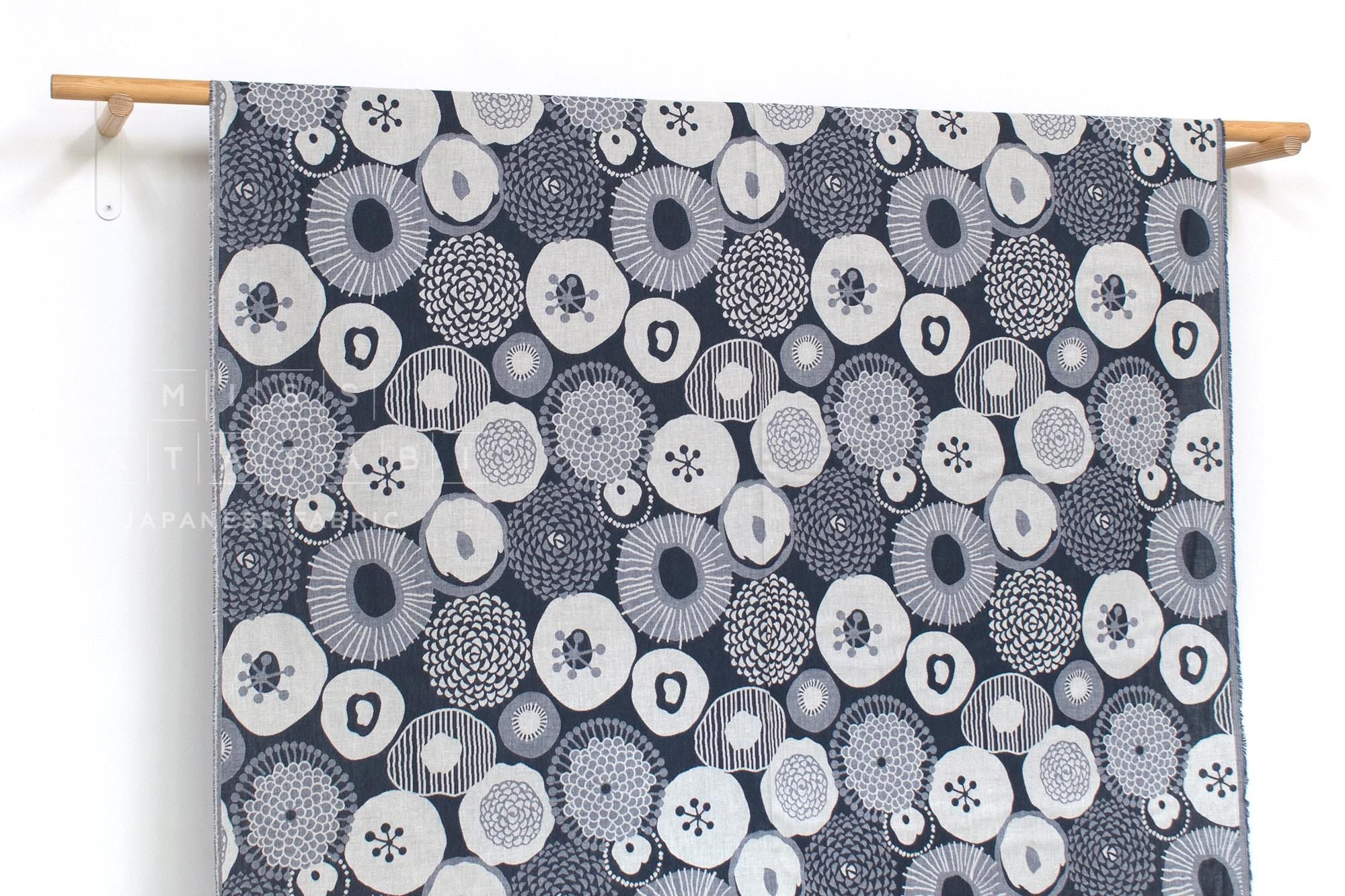 Japanese Fabric Yarn Dyed Woven Jacquard Flowers - navy blue, grey - 50cm