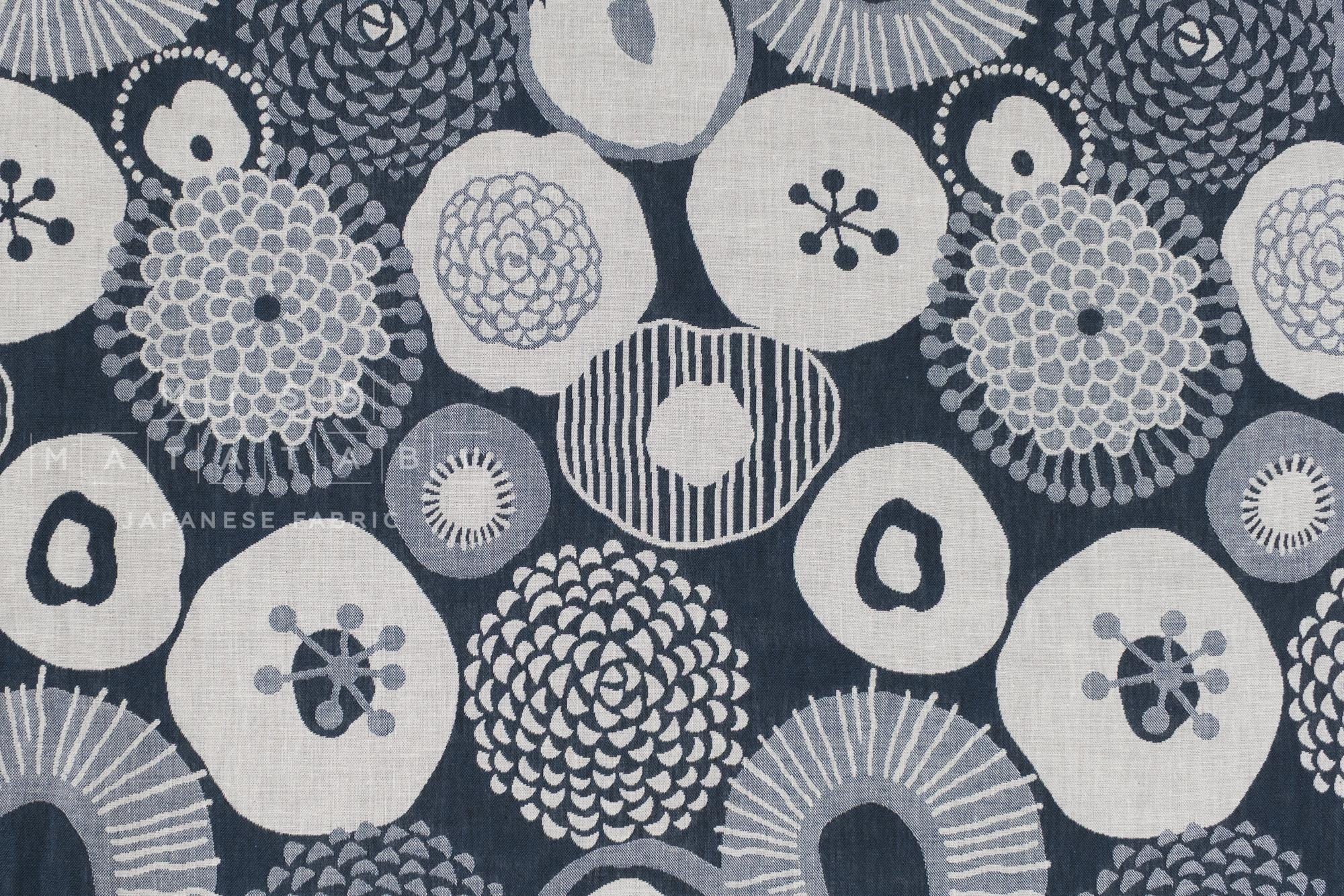 Japanese Fabric Yarn Dyed Woven Jacquard Flowers - navy blue, grey - 50cm