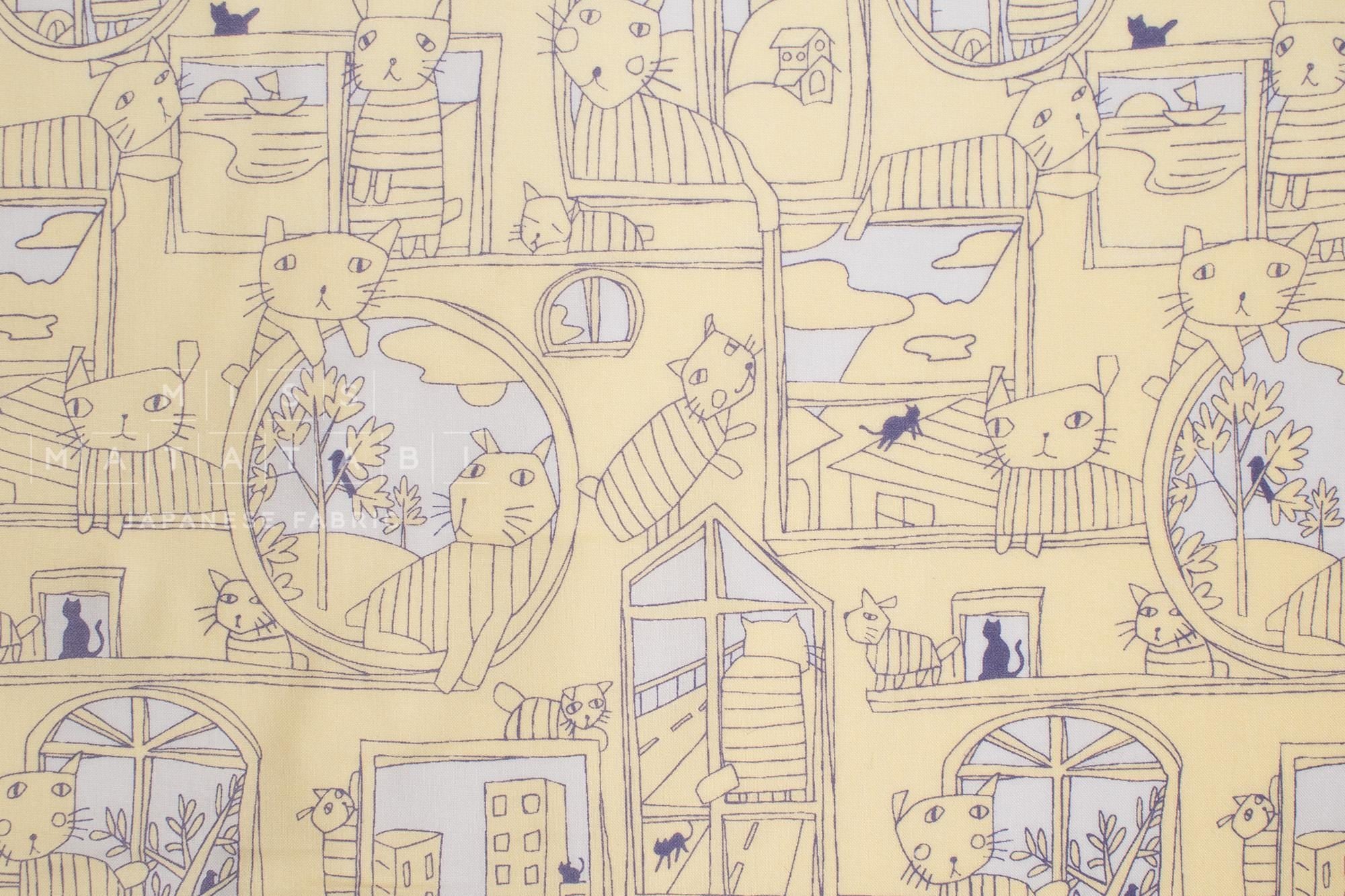 DEADSTOCK Japanese Fabric Sad Cats in the Window - yellow - 50cm