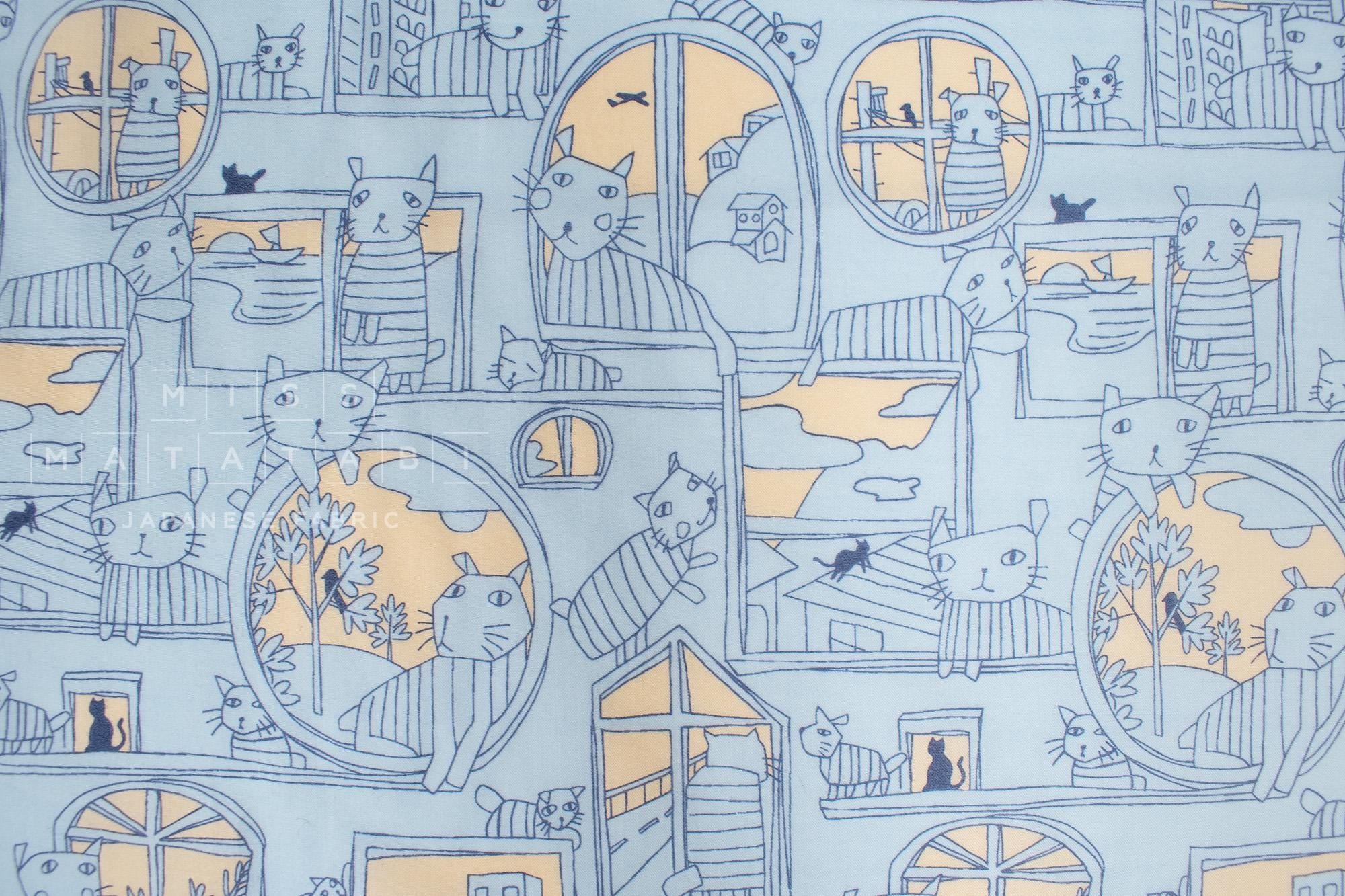 DEADSTOCK Japanese Fabric Sad Cats in the Window - blue - 50cm