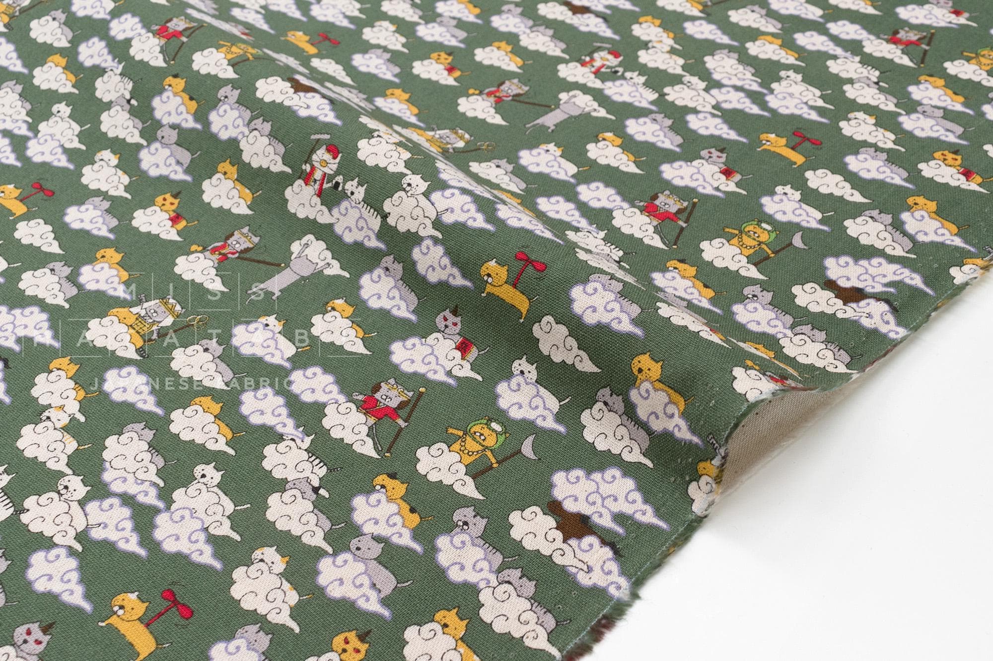 Japanese Fabric Monkey Magic Cats - D green - 50cm