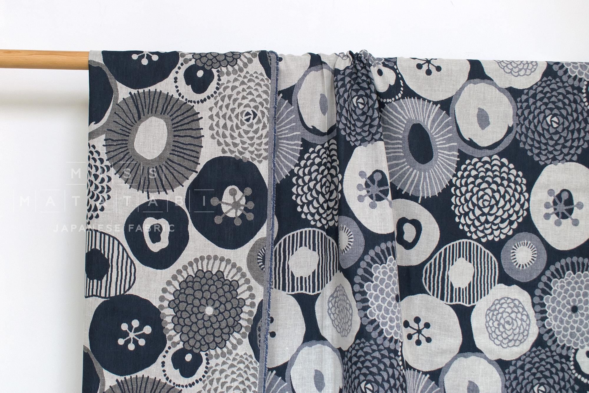 Japanese Fabric Yarn Dyed Woven Jacquard Flowers - navy blue, grey - 50cm