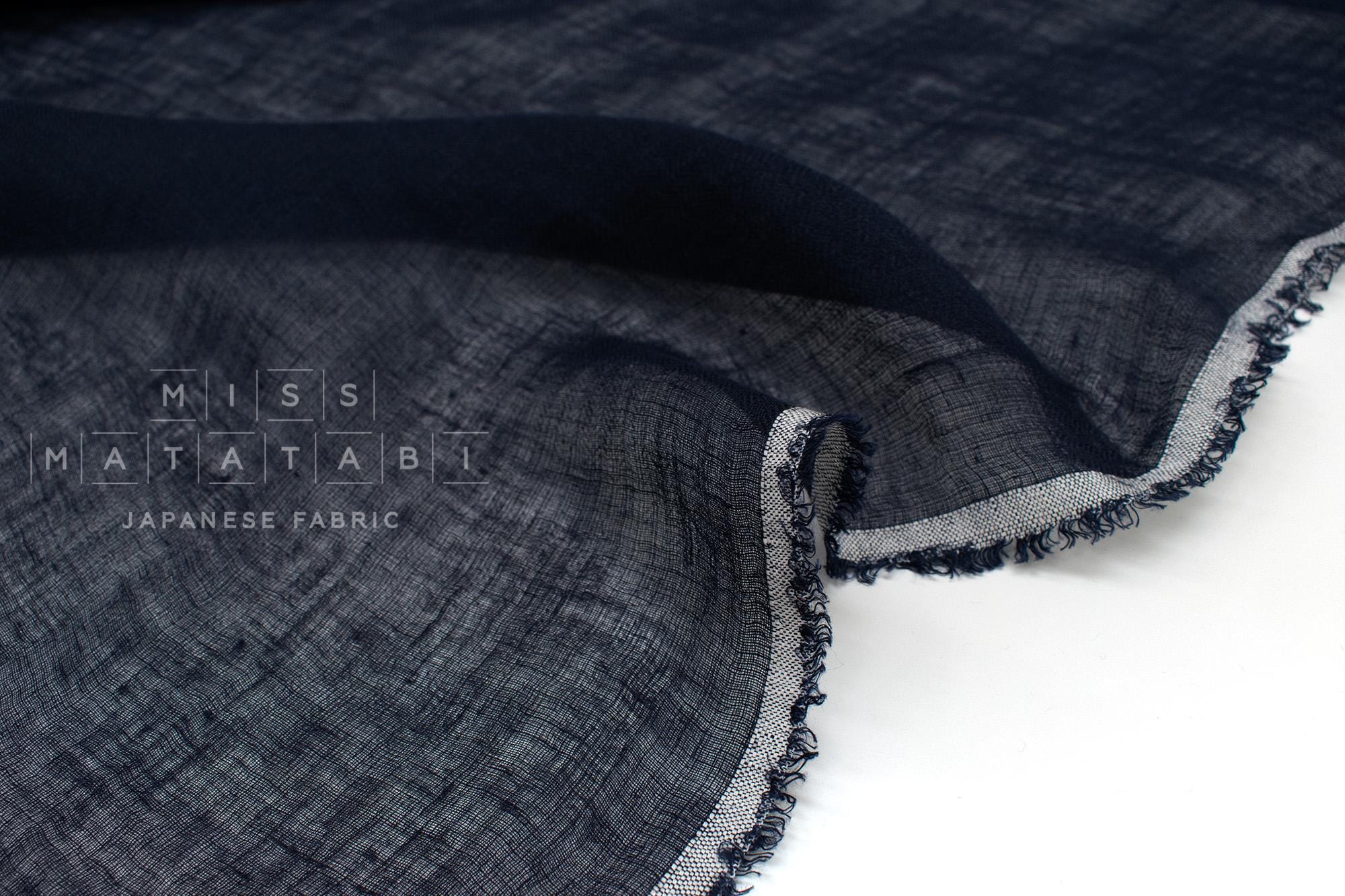 DEADSTOCK Japanese Fabric Washed Herringbone Linen Voile - navy - 50cm