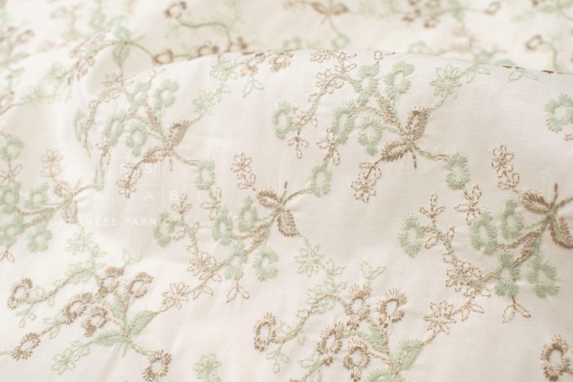 Japanese Fabric Embroidered Cotton Lawn - Julie - green, gold - 50cm