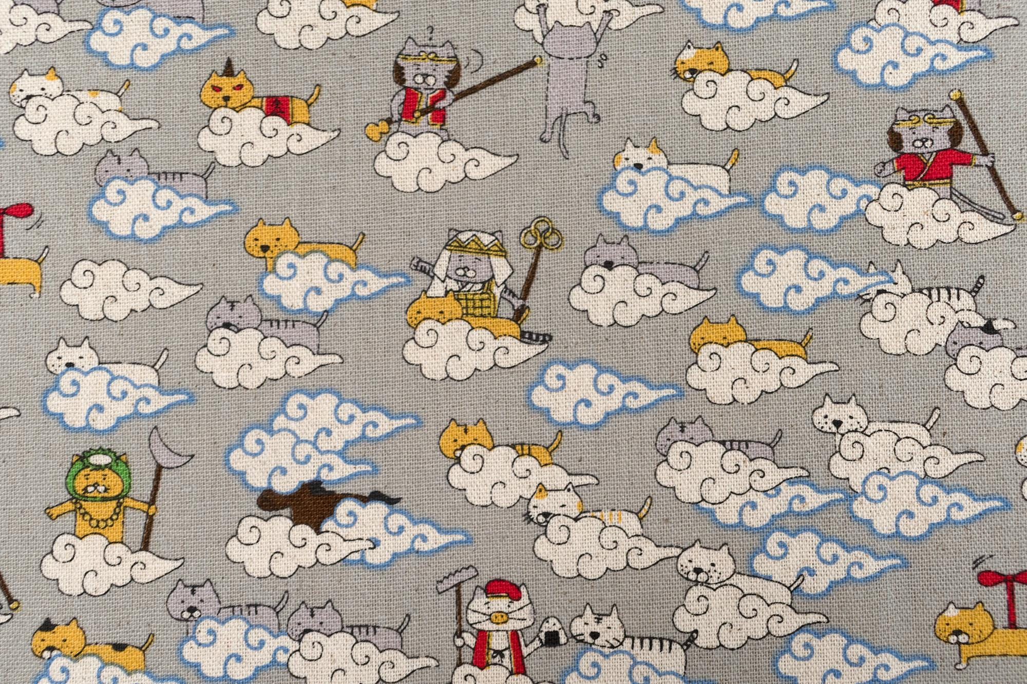 Japanese Fabric Monkey Magic Cats - A grey - 50cm