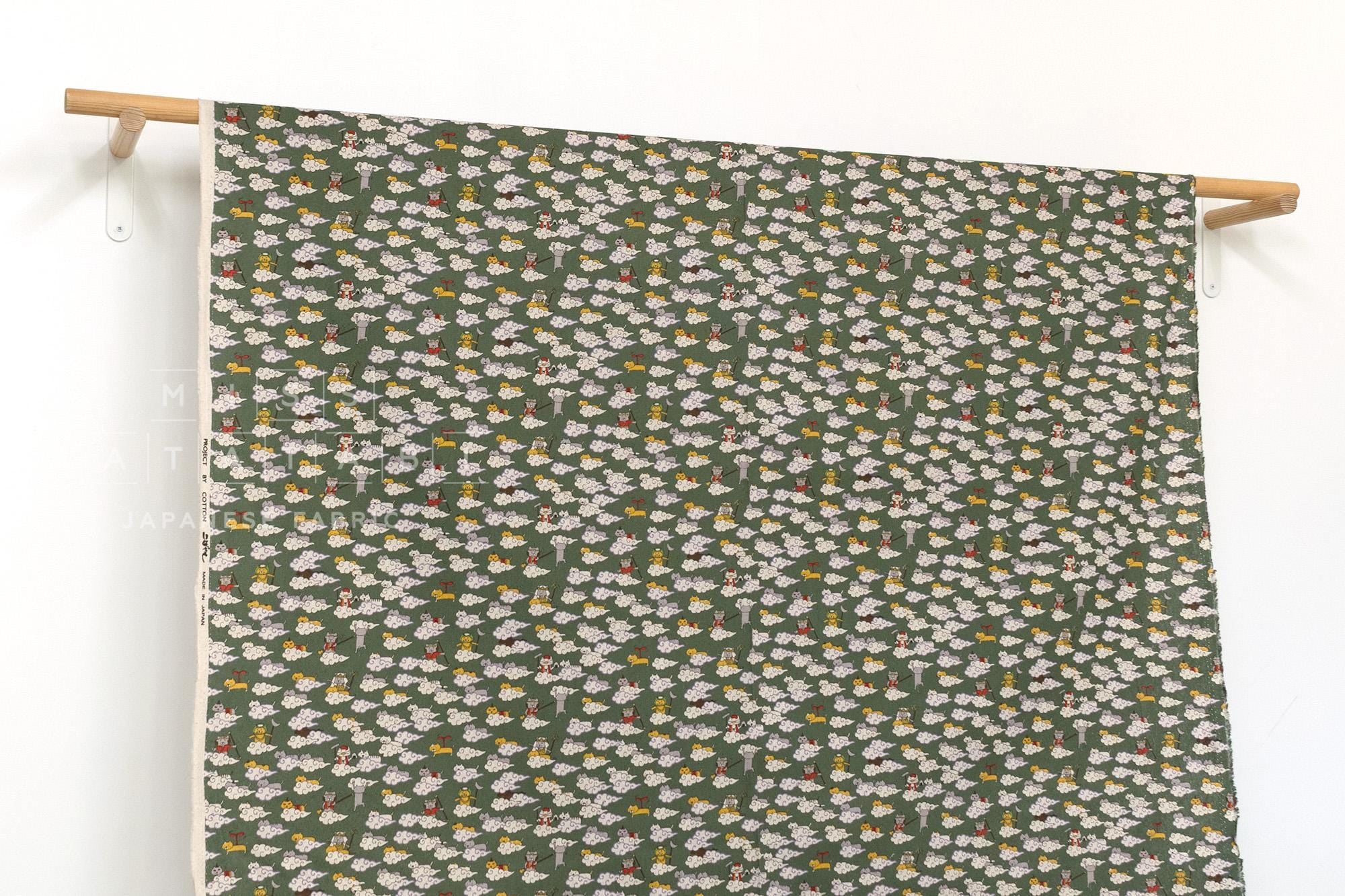 Japanese Fabric Monkey Magic Cats - D green - 50cm
