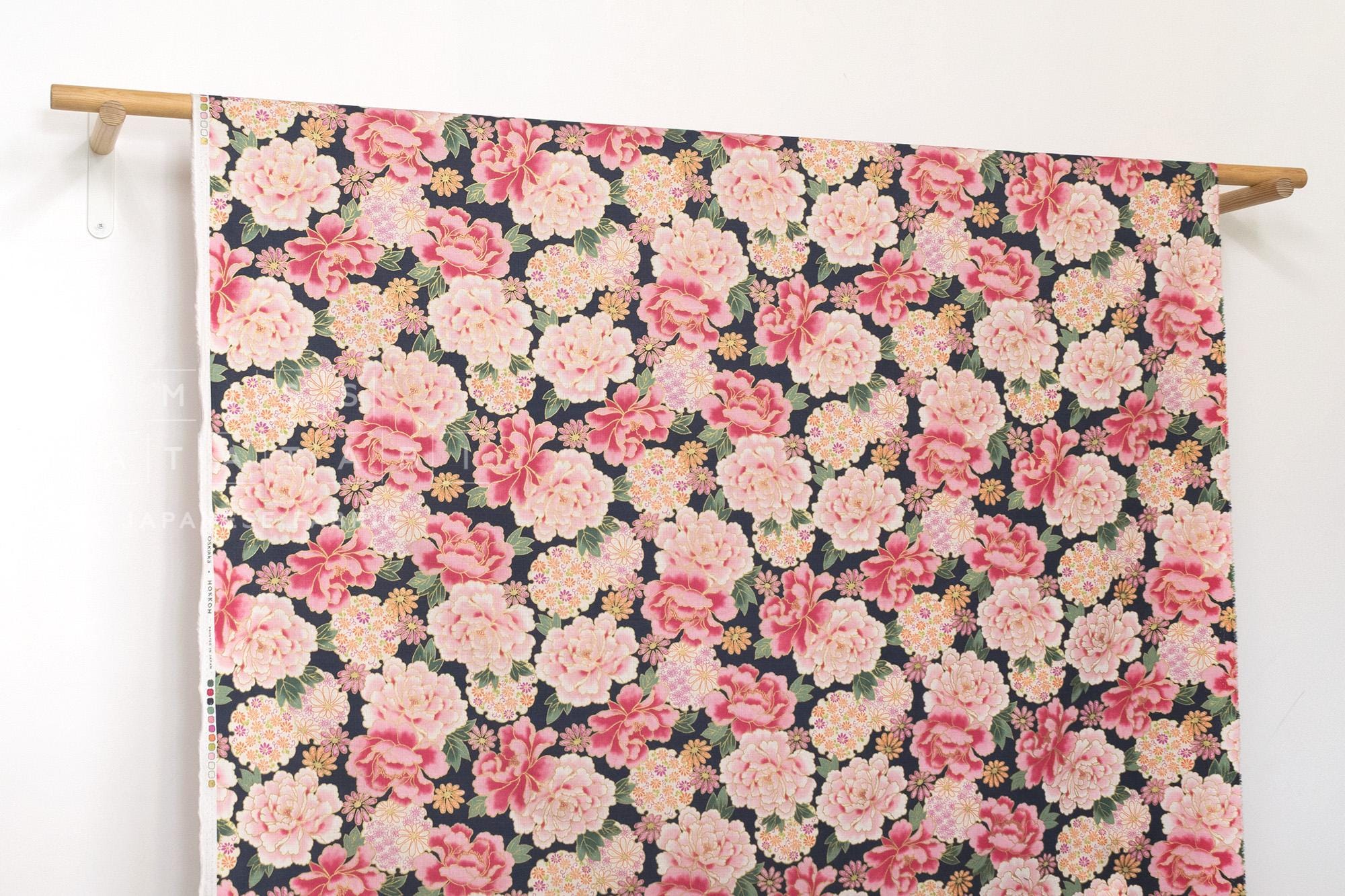 DEADSTOCK Japanese Fabric Peony Flowers - navy blue - 50cm