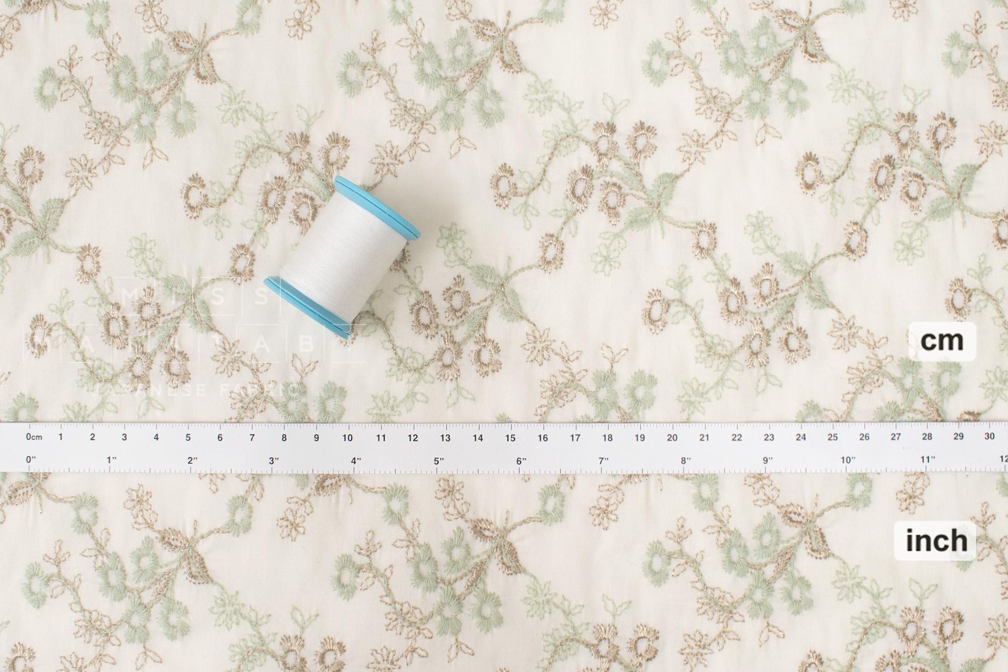 Japanese Fabric Embroidered Cotton Lawn - Julie - green, gold - 50cm