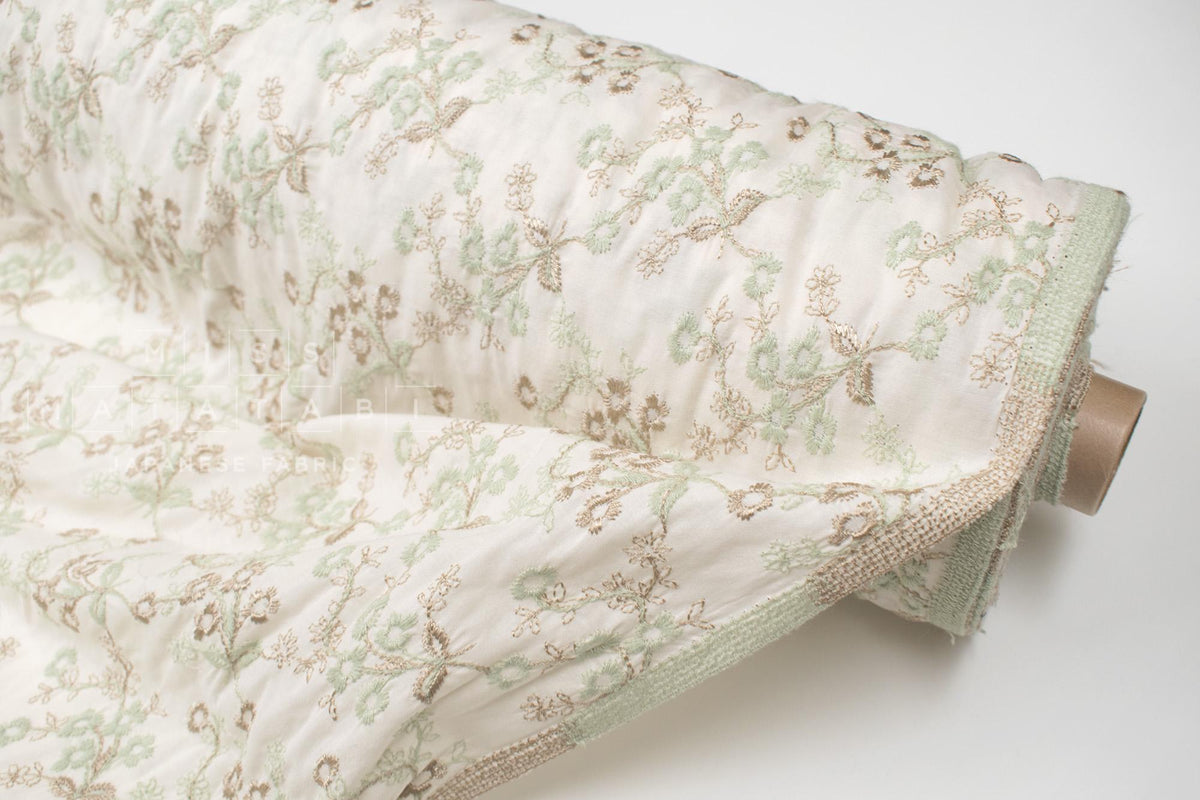 Japanese Fabric Embroidered Cotton Lawn - Julie - green, gold - 50cm