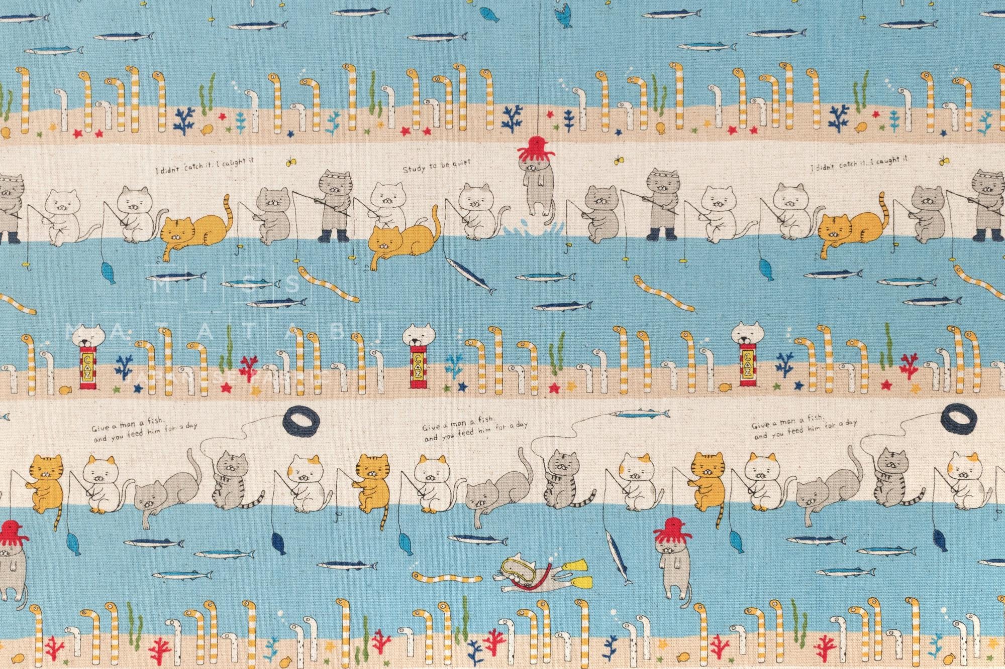 Japanese Fabric Teach a Cat to Fish - A - 50cm