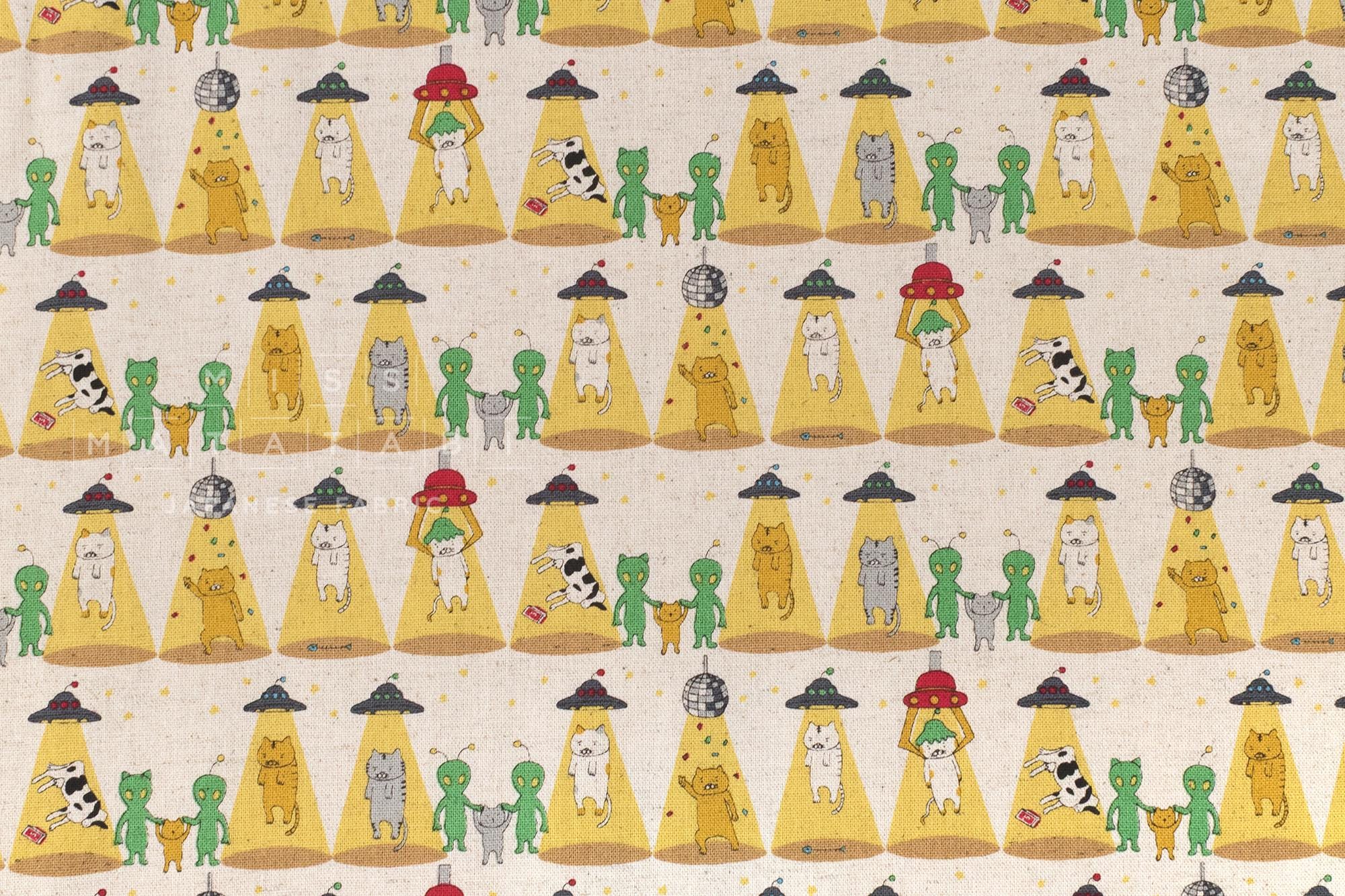 Japanese Fabric Alien Abduction Disco Cats - A - 50cm