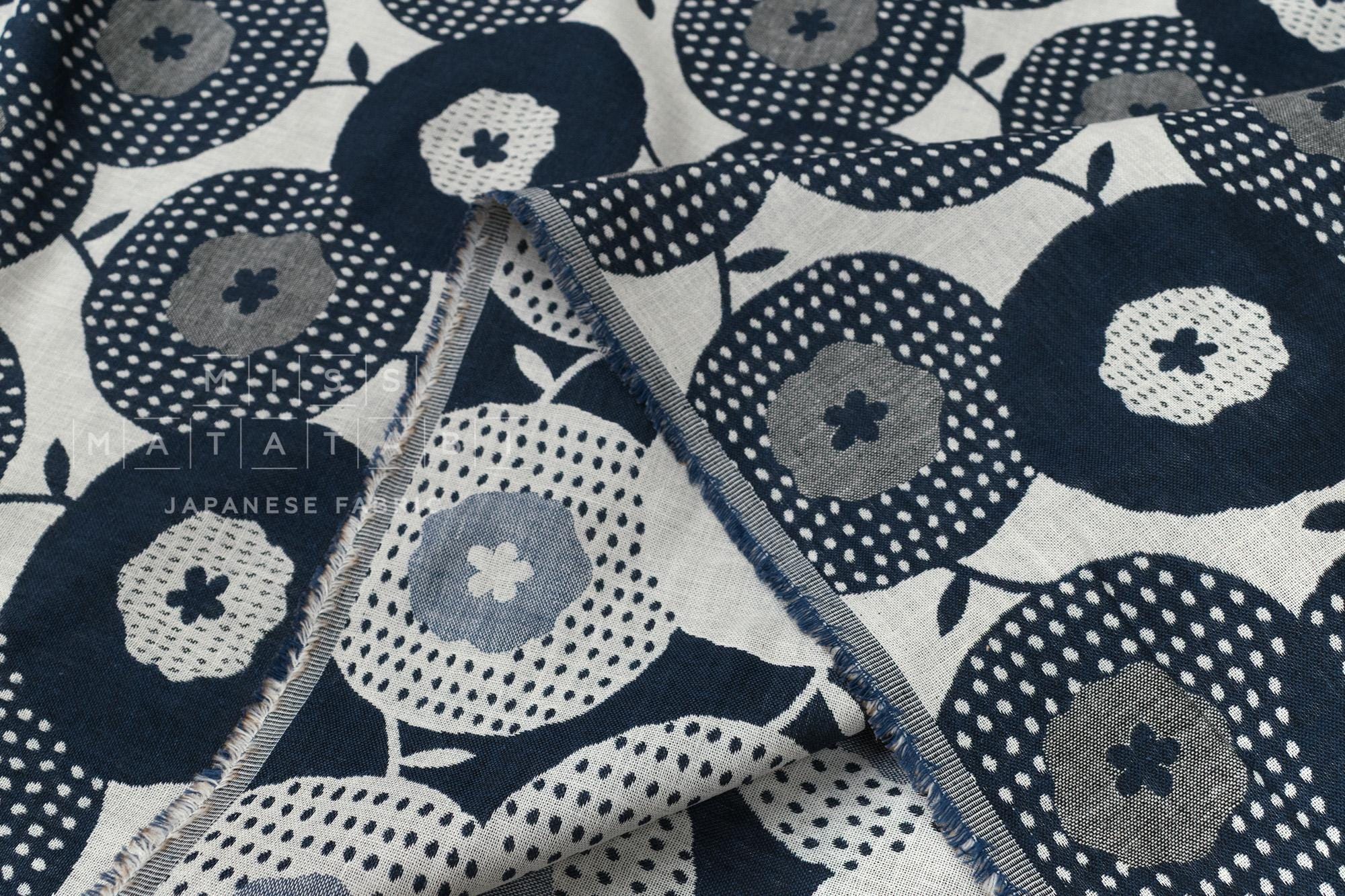 Japanese Fabric Yarn Dyed Woven Jacquard Maru Hana - navy blue - 50cm