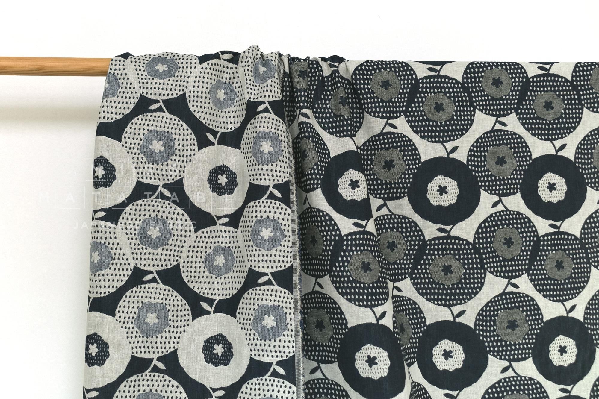Japanese Fabric Yarn Dyed Woven Jacquard Maru Hana - navy blue - 50cm