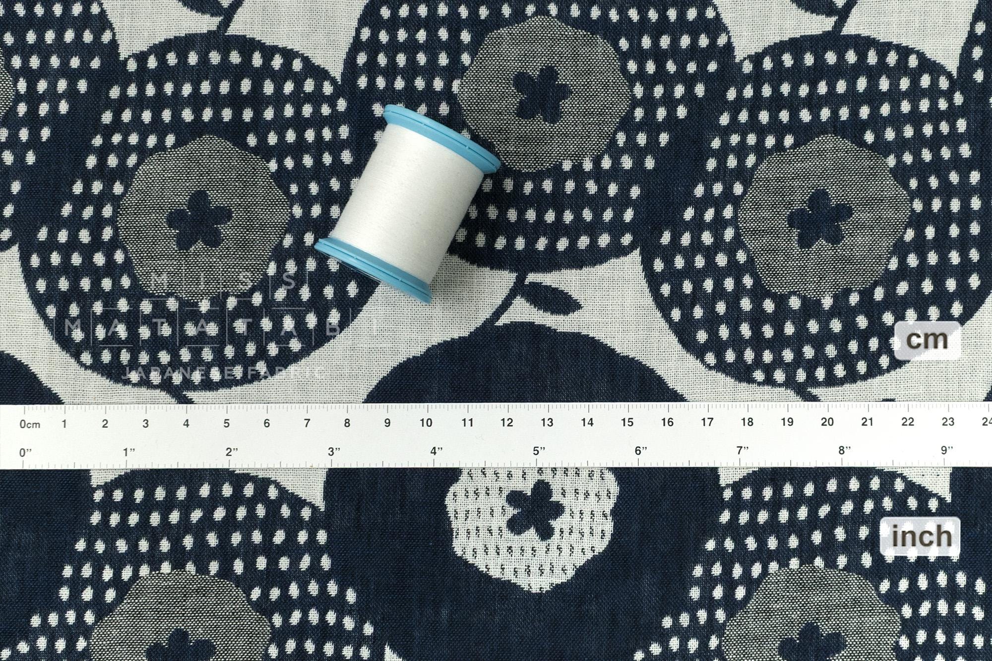 Japanese Fabric Yarn Dyed Woven Jacquard Maru Hana - navy blue - 50cm