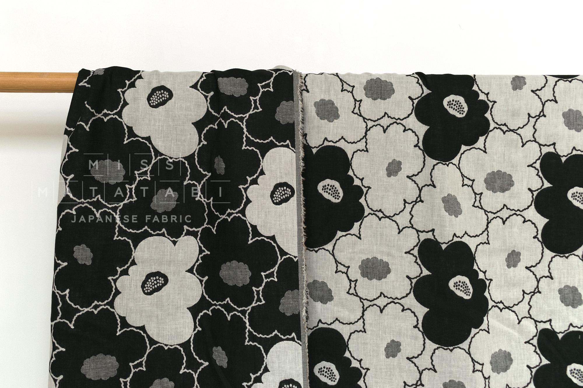 Japanese Fabric Yarn Dyed Woven Jacquard Bold Floral - grey, black - 50cm