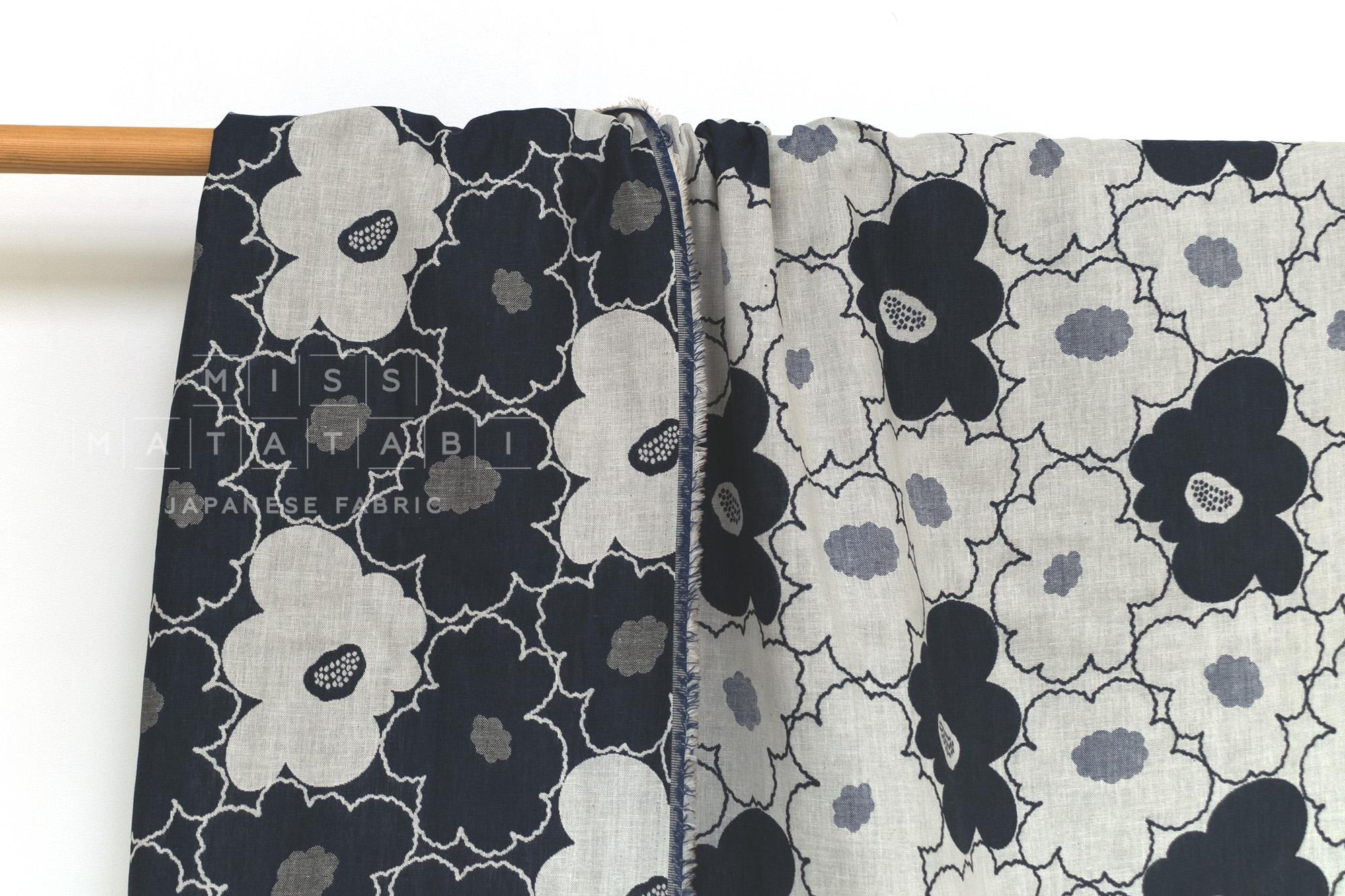 Japanese Fabric Yarn Dyed Woven Jacquard Bold Floral - navy blue - 50cm