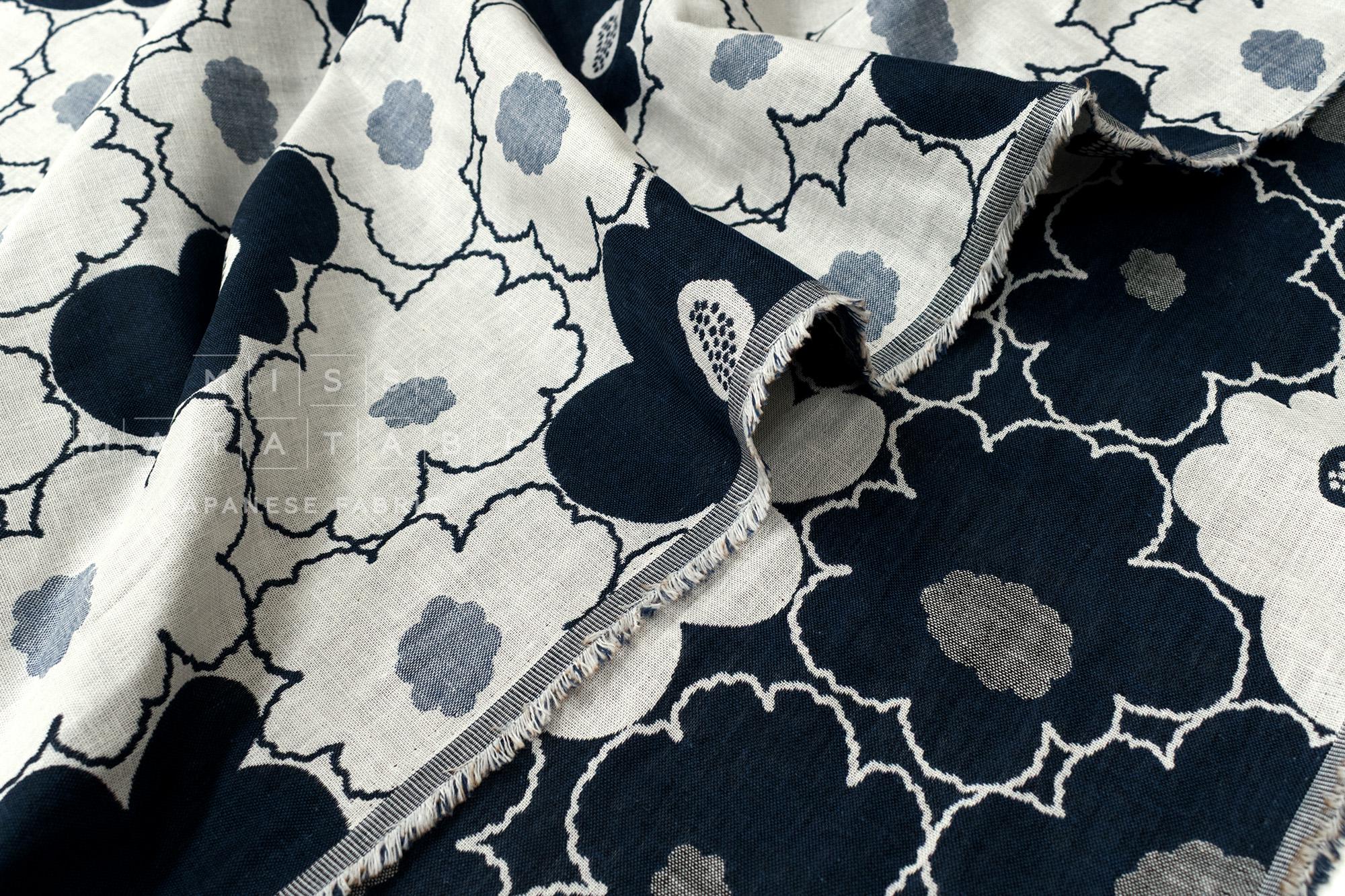 Japanese Fabric Yarn Dyed Woven Jacquard Bold Floral - navy blue - 50cm