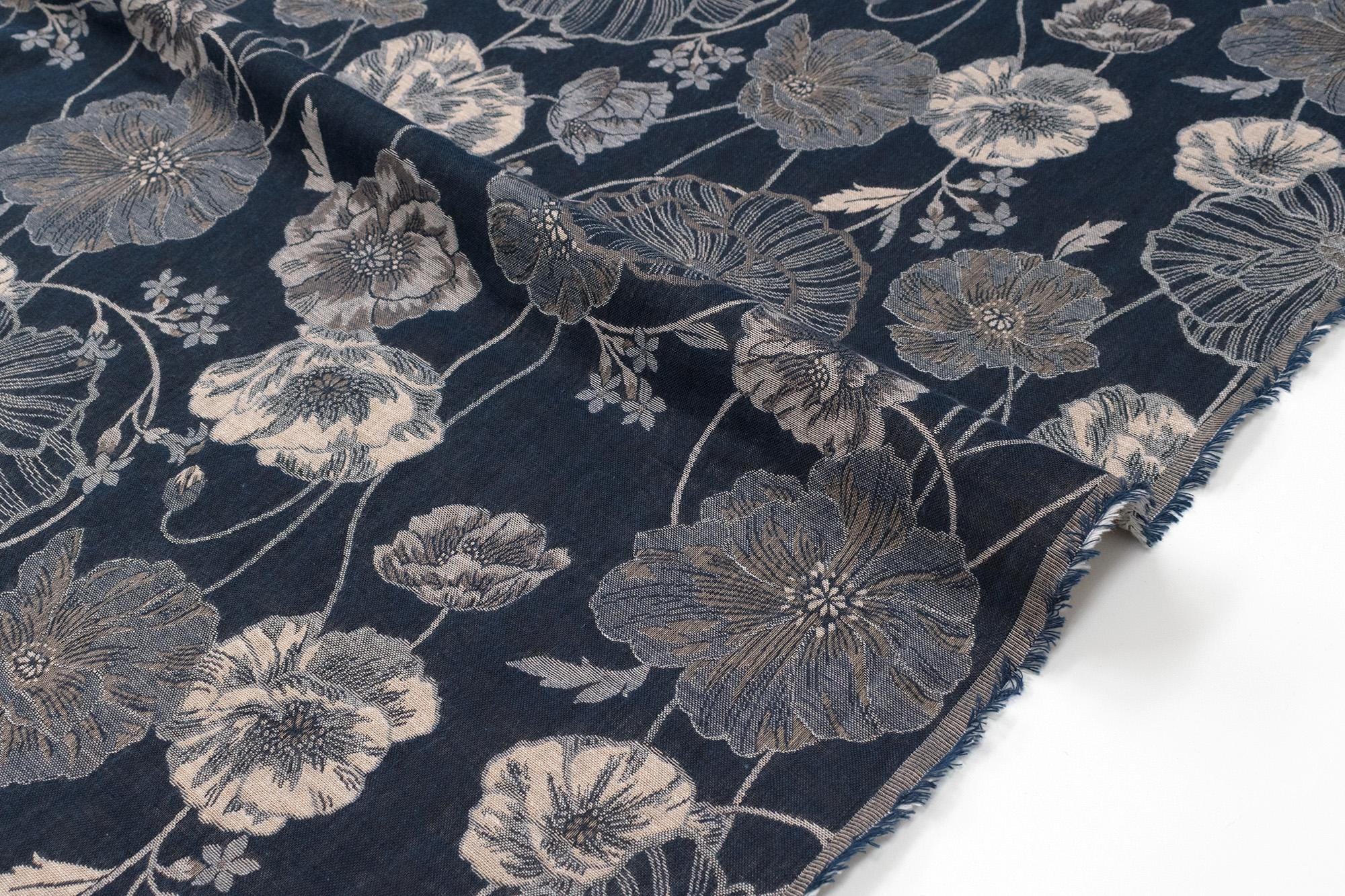 Japanese Fabric Yarn Dyed Woven Poppy Jacquard - navy blue - 50cm