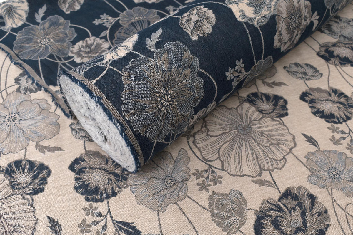 Japanese Fabric Yarn Dyed Woven Poppy Jacquard - navy blue - 50cm