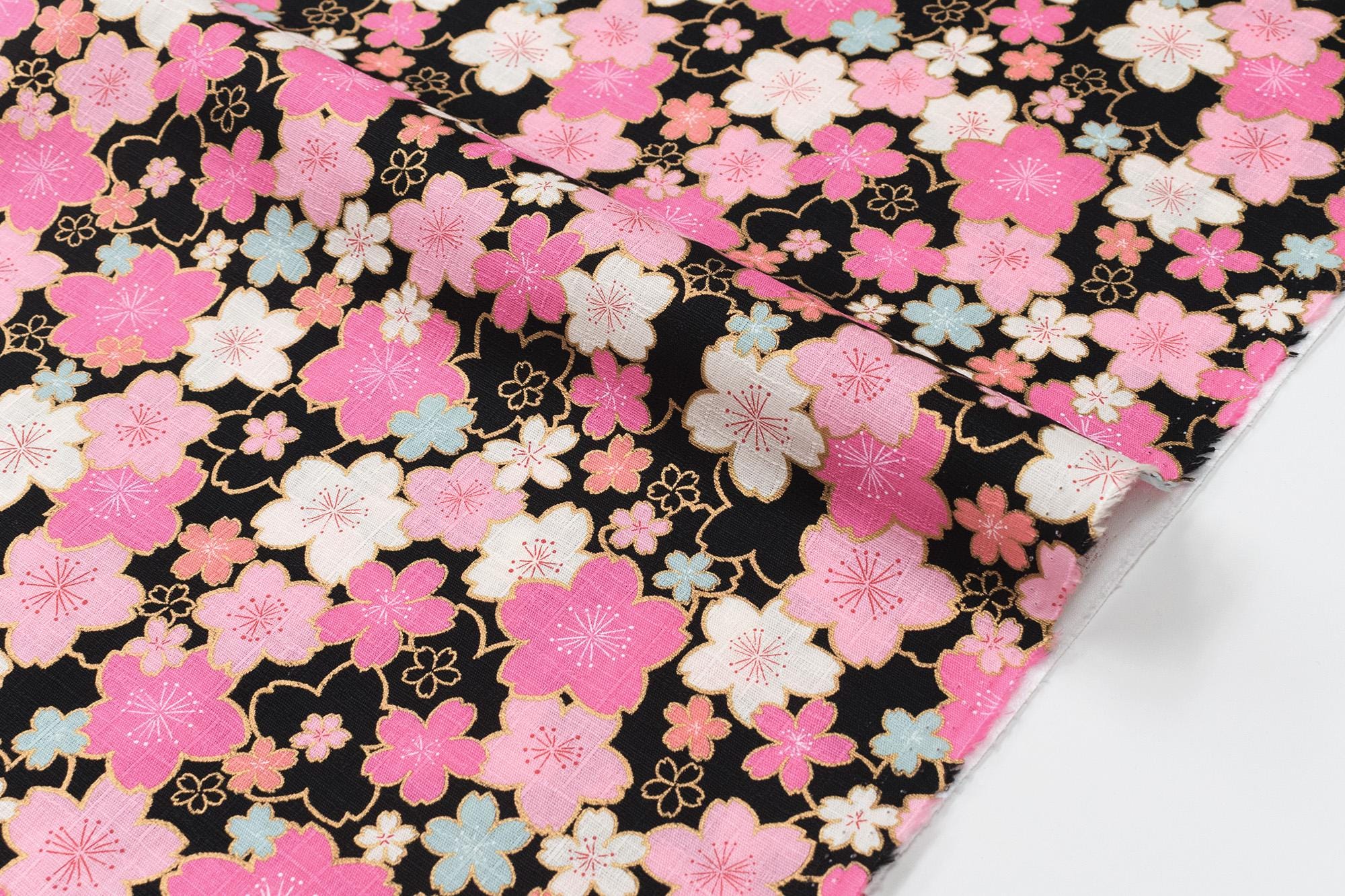 Japanese Fabric Bright Fun Sakura Blossoms - black, pink, gold, mint - 50cm