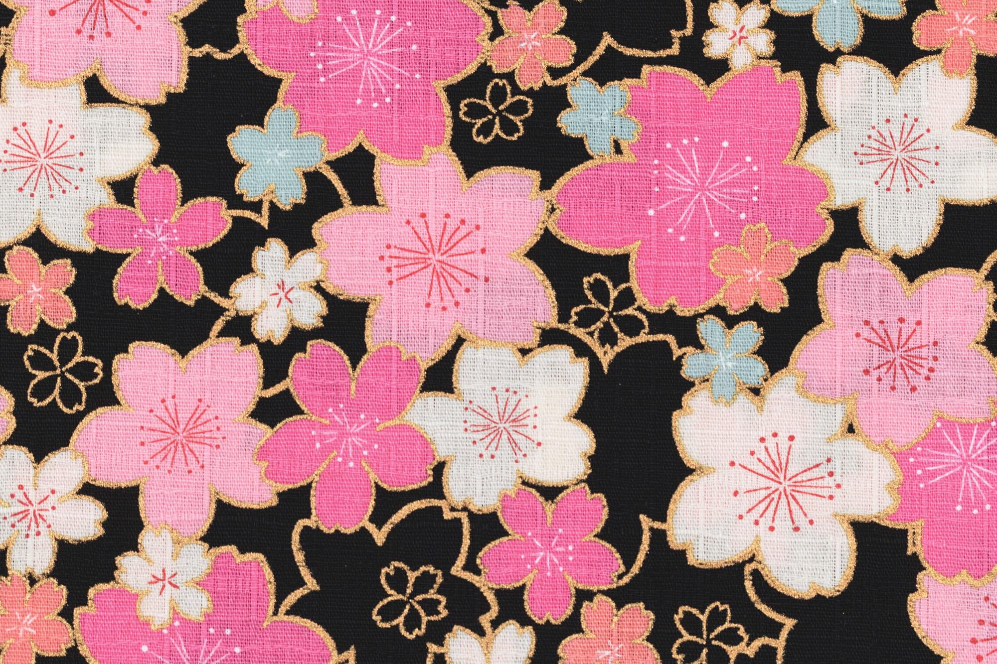 Japanese Fabric Bright Fun Sakura Blossoms - black, pink, gold, mint - 50cm
