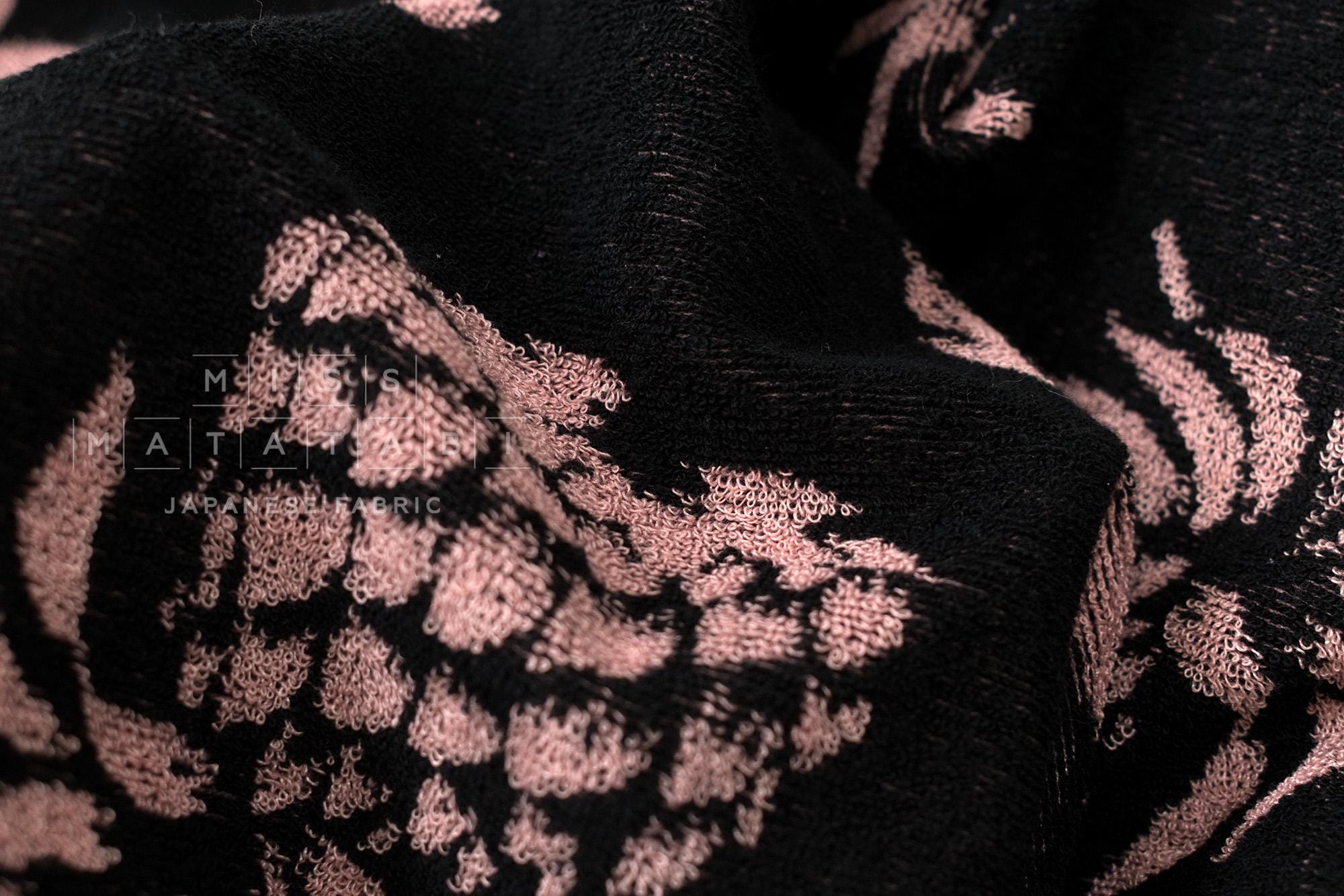 Japanese Fabric Jacquard Pile Terrycloth - black, pink - 50cm