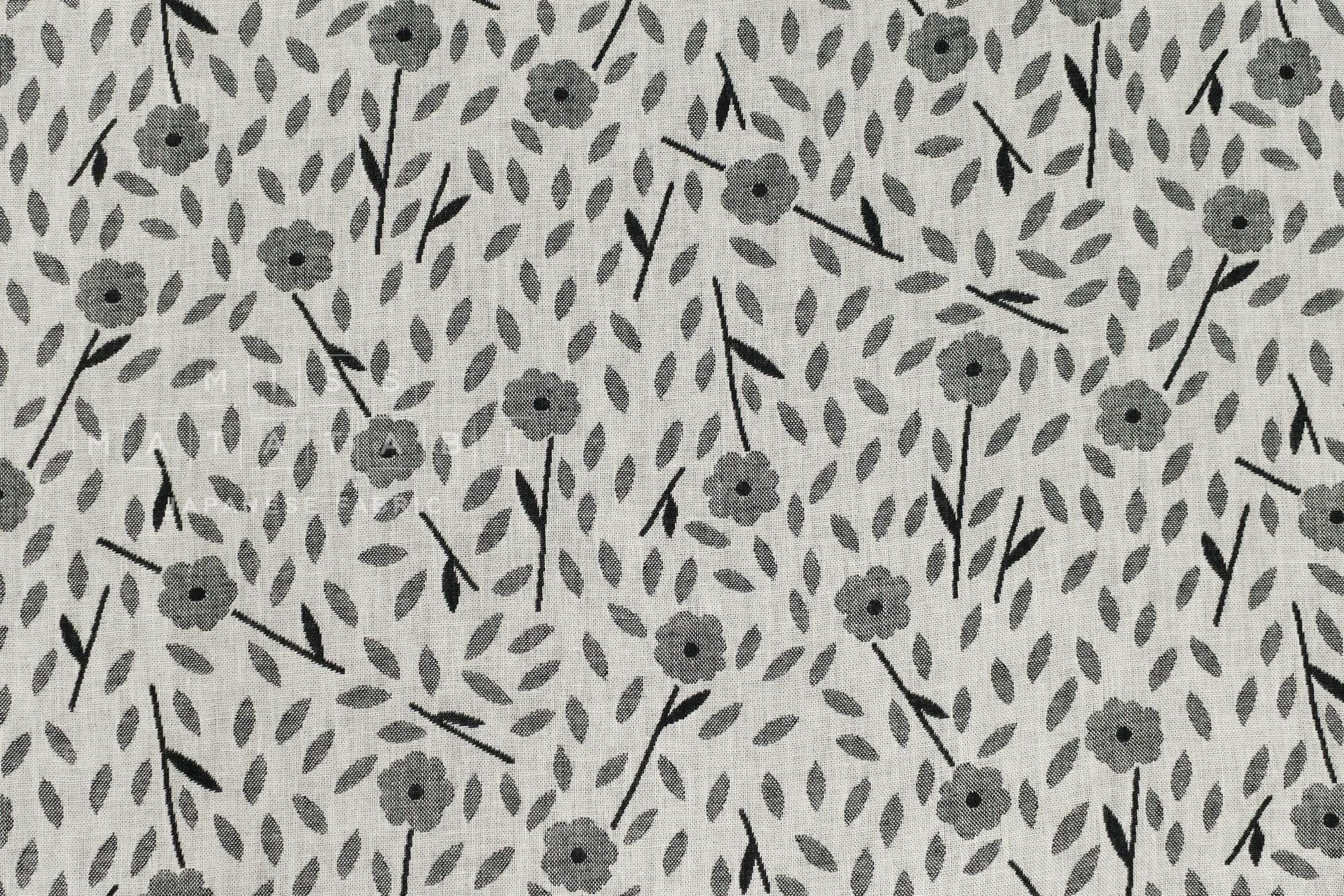 Japanese Fabric Yarn Dyed Woven Jacquard Sweet Floral - grey, black - 50cm