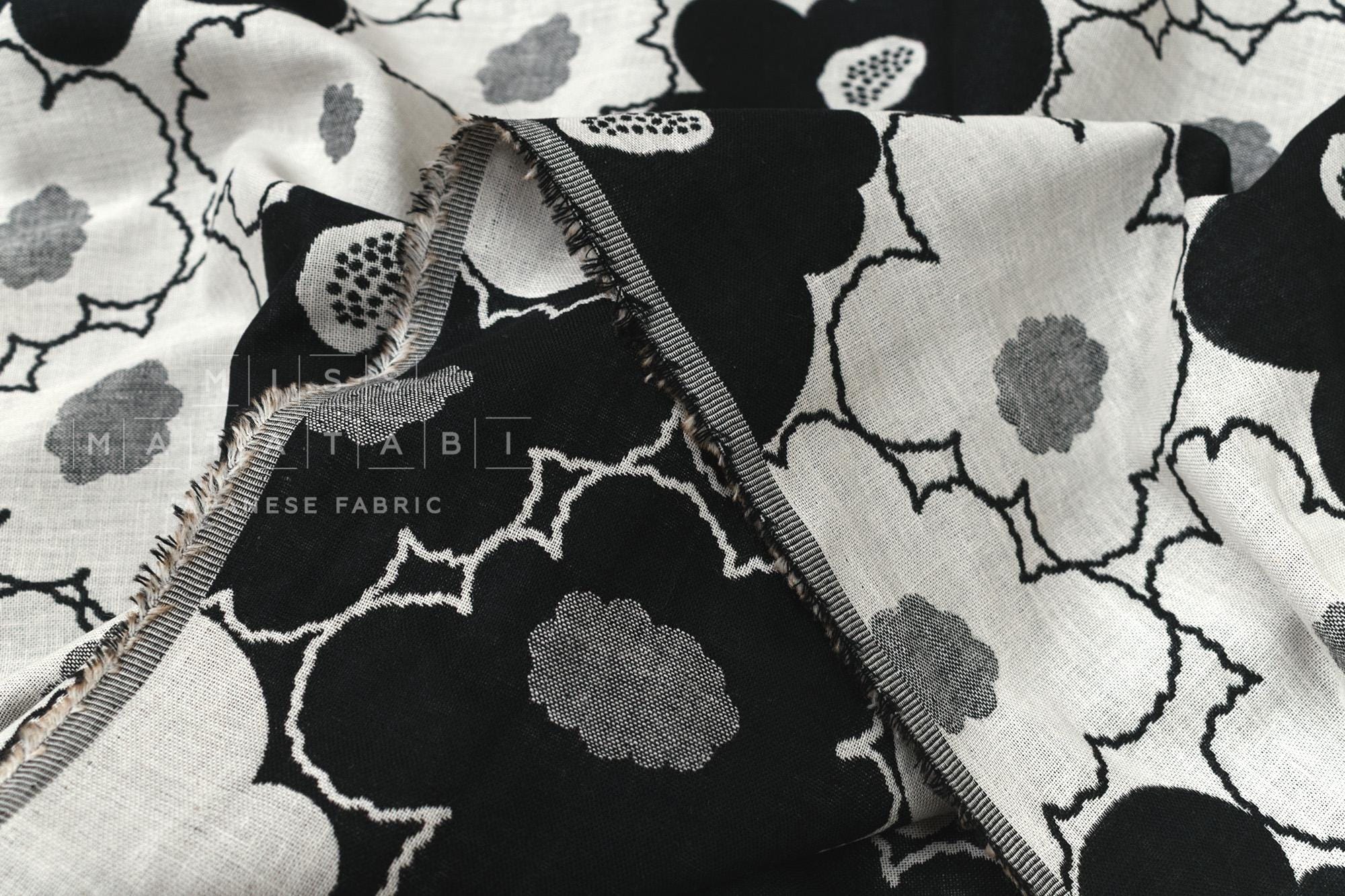 Japanese Fabric Yarn Dyed Woven Jacquard Bold Floral - grey, black - 50cm