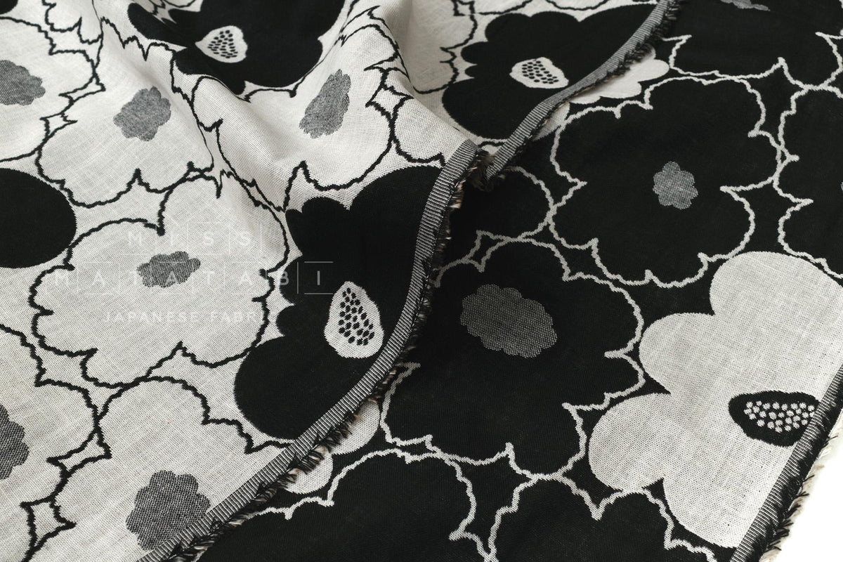 Japanese Fabric Yarn Dyed Woven Jacquard Bold Floral - grey, black - 50cm