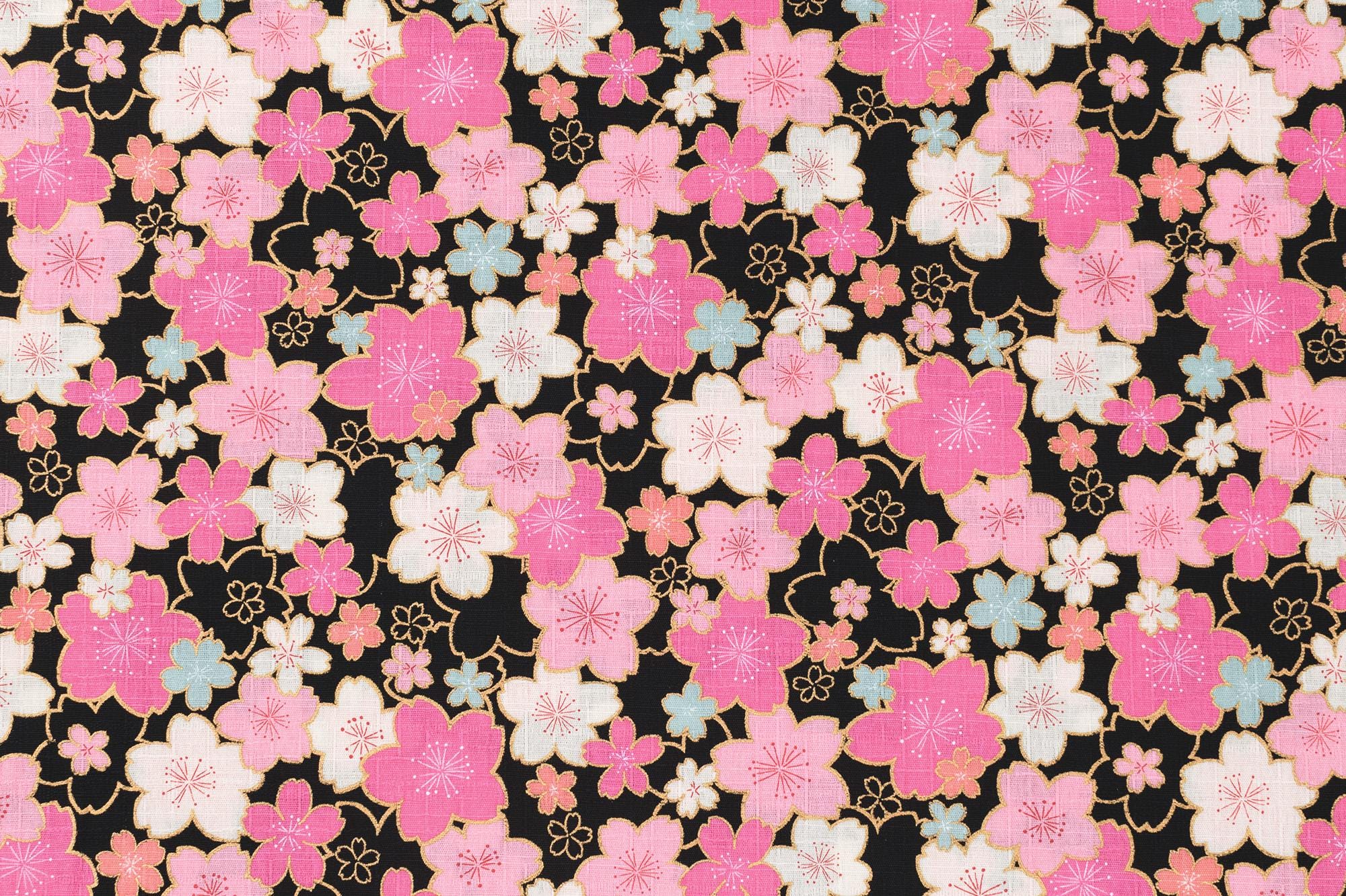 Japanese Fabric Bright Fun Sakura Blossoms - black, pink, gold, mint - 50cm