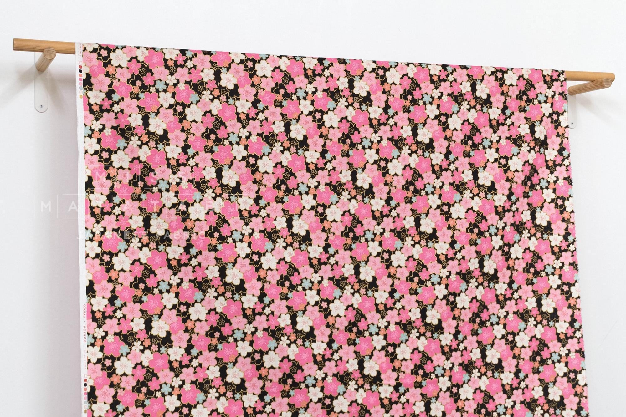 Japanese Fabric Bright Fun Sakura Blossoms - black, pink, gold, mint - 50cm
