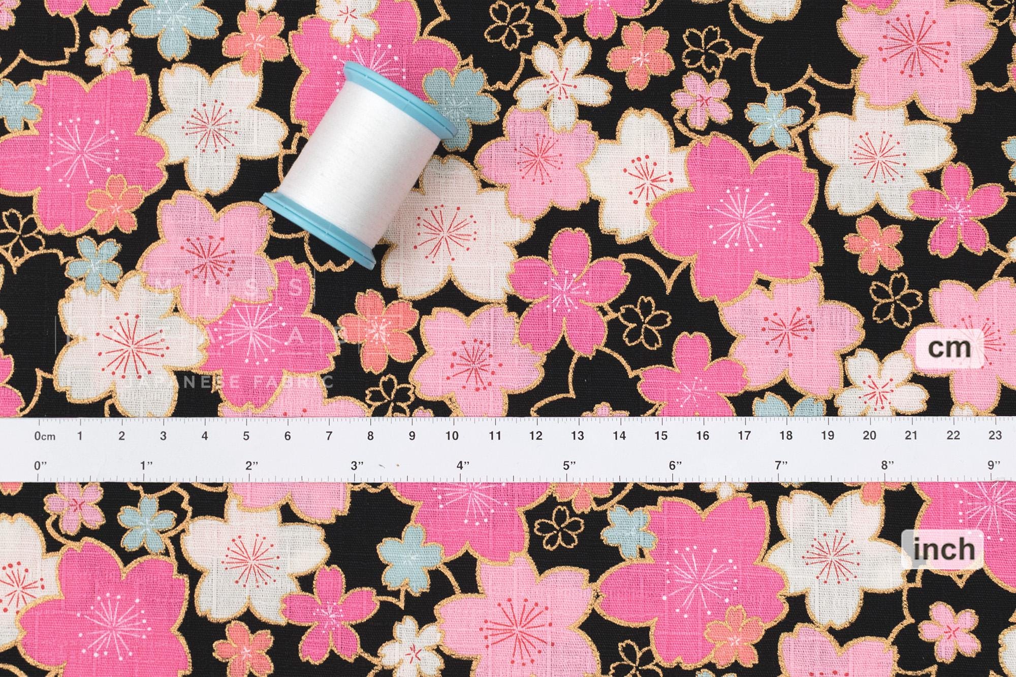 Japanese Fabric Bright Fun Sakura Blossoms - black, pink, gold, mint - 50cm